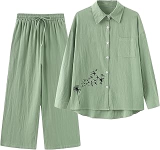 rtdgcv Jumpsuit Women's Elegant Short Casual Two-Piece Women's Set with Crew Neck, Long Sleeve Shirt with Button Placket and Wide Leg Trousers 2-Piece Women's Winter