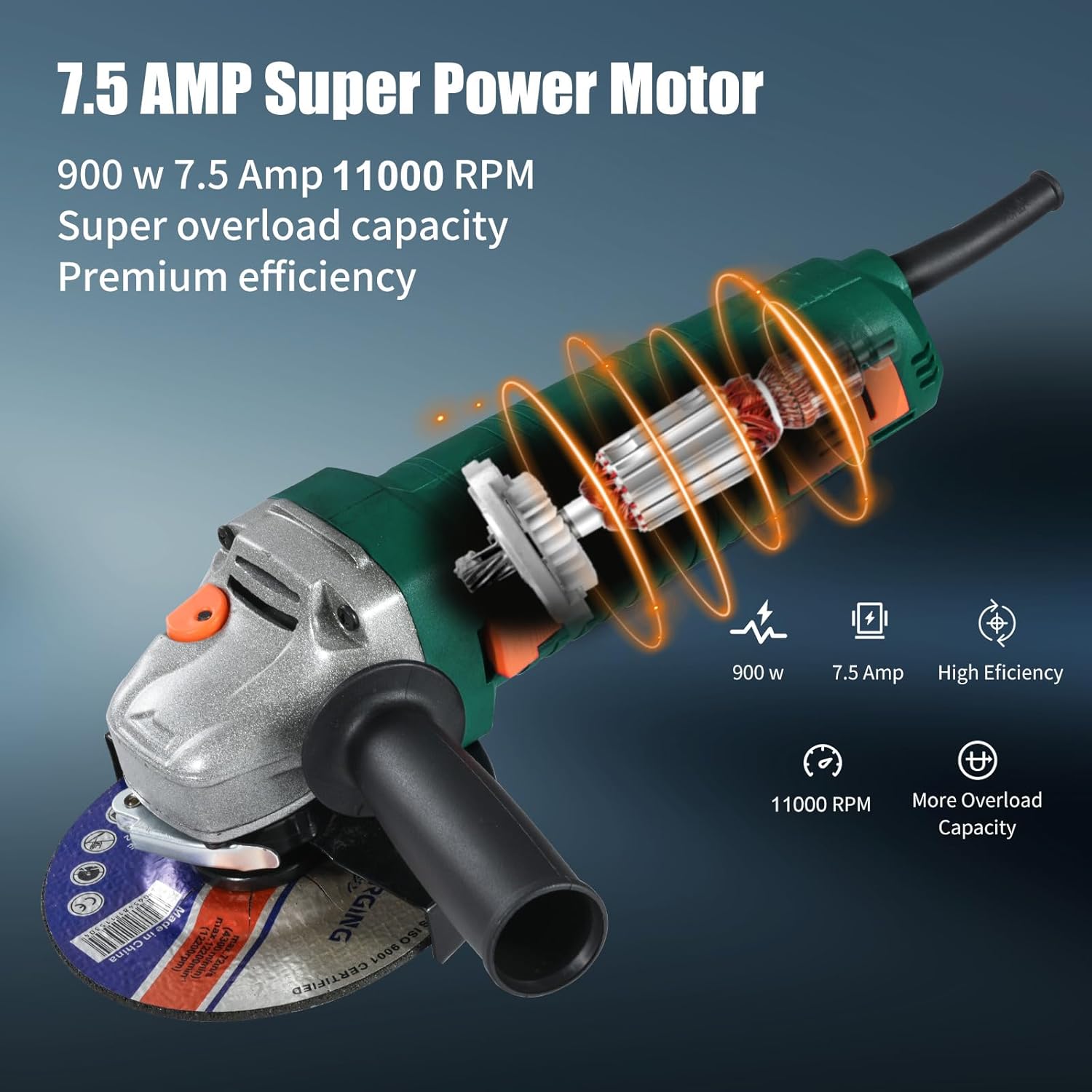 Angle Grinder, 7.5-Amp 4 1/2 Angle Grinder Tool, Variable Speed Angle Grinder, Electric Grinder Power Tools with Grinding, Polishing and Rust Removal Capabilities, Non-Slip and Shockproof Handle