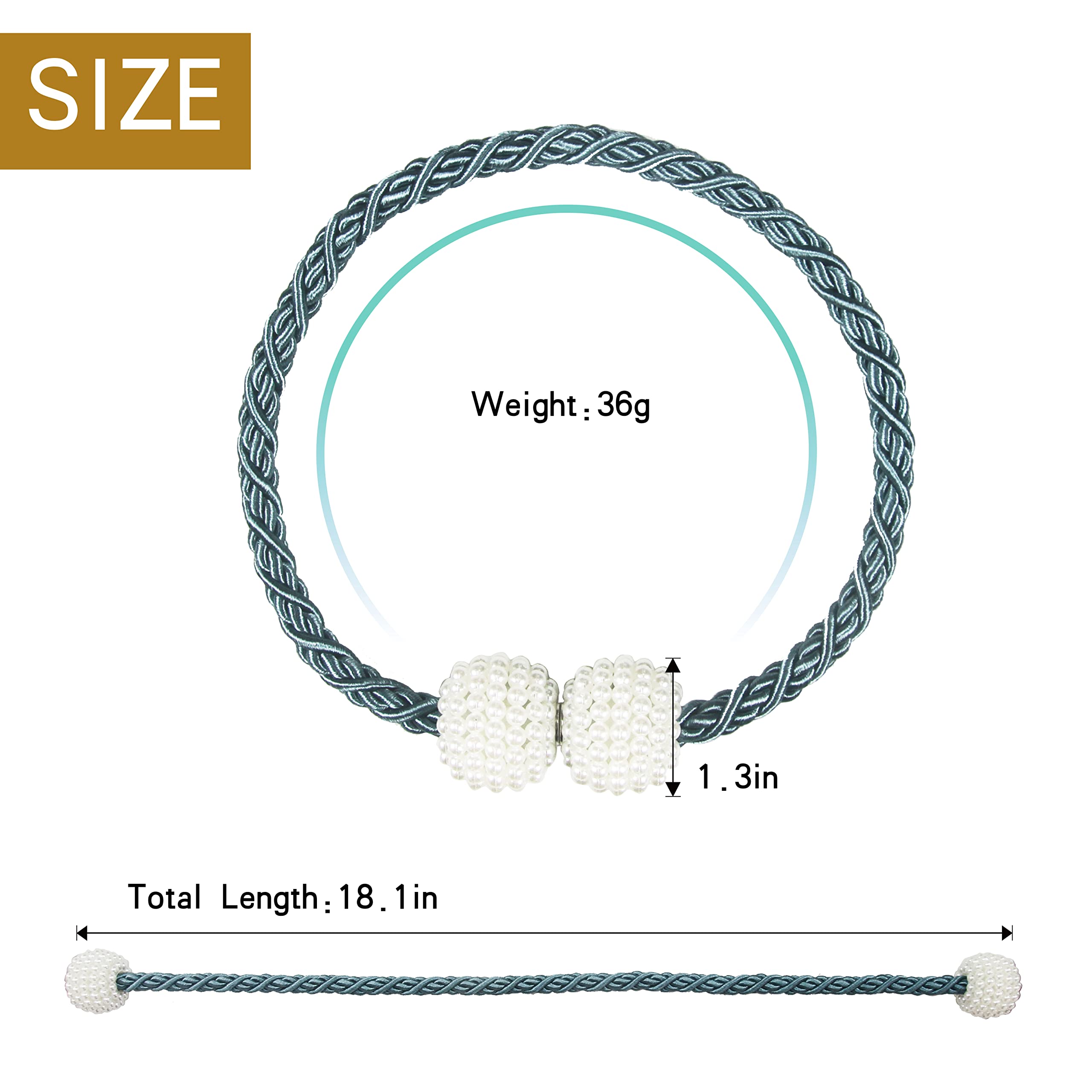Embrasses de rideaux magnétiques en corde de perles pour bureau, maison, 45,7 cm, bleu