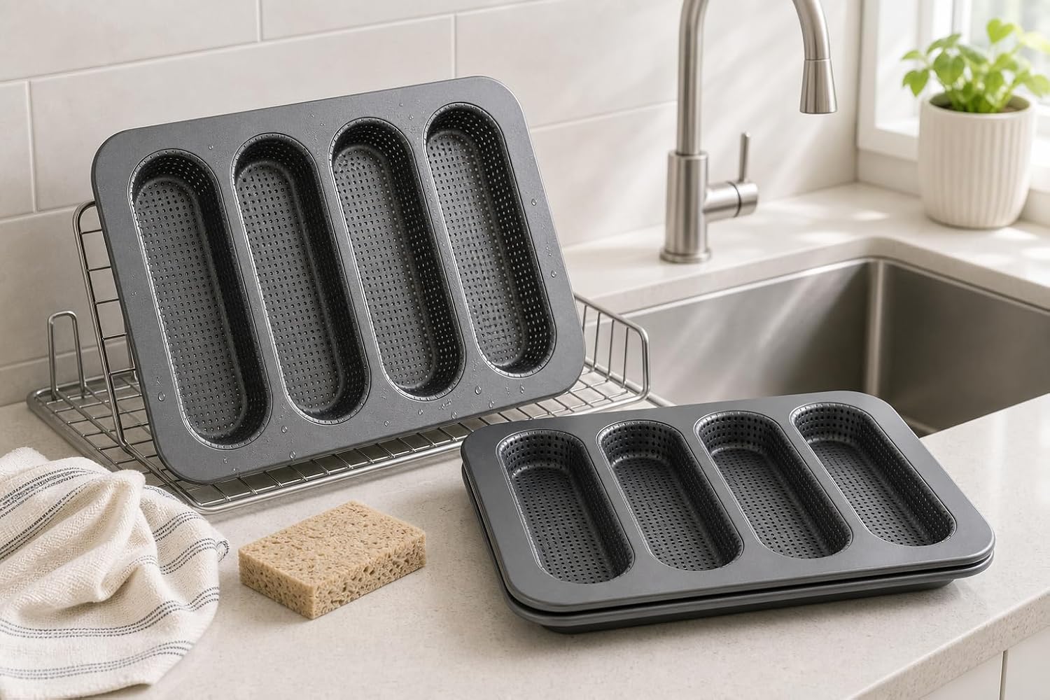 2 Pack Nonstick Carbon Steel Baguette Pan, 4-Cavity Perforated French Bread Baking Mold, Hot Dog Bun Pan for Homemade Bread, Mini Loaf, Sub Rolls and Baguettes, Gray