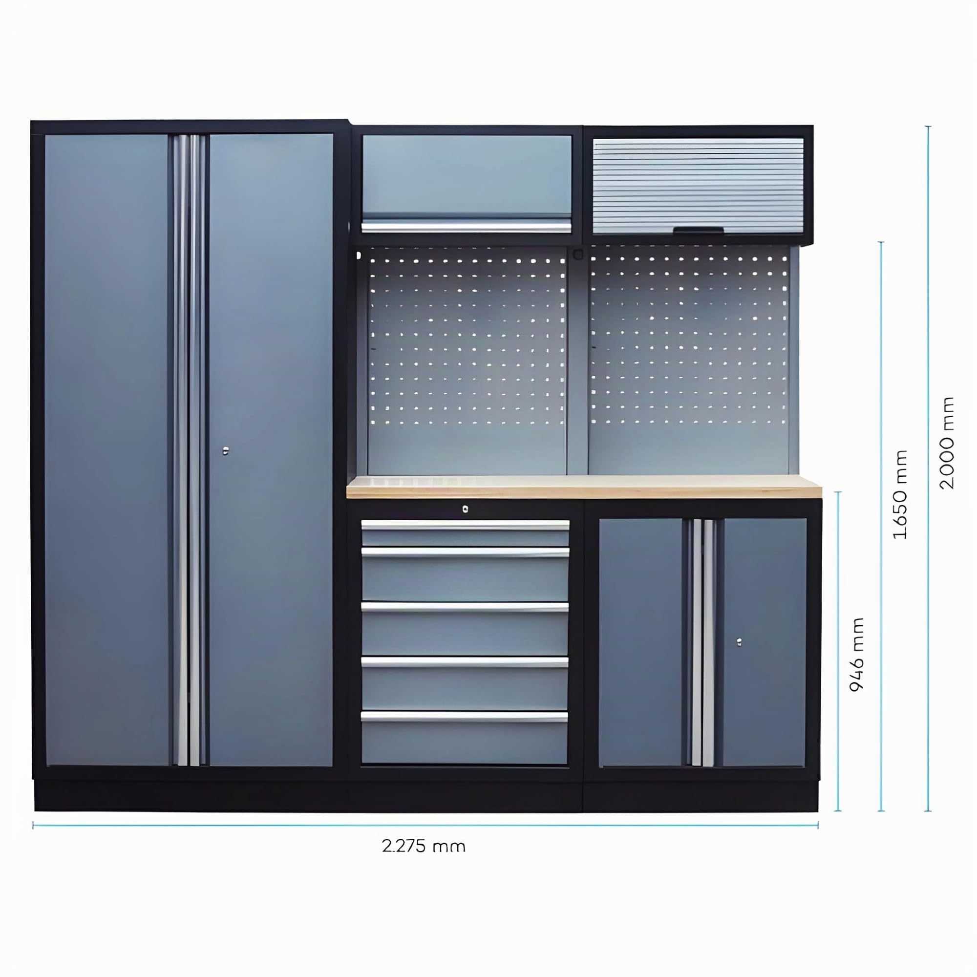 Bricoloco Estación Modular con Banco de Trabajo para talleres Profesionales. Armario para Herramientas y Mesa de Trabajo Amplia. Cajones de Cierre Suave. Modulable (2275 mm - 3 módulos)