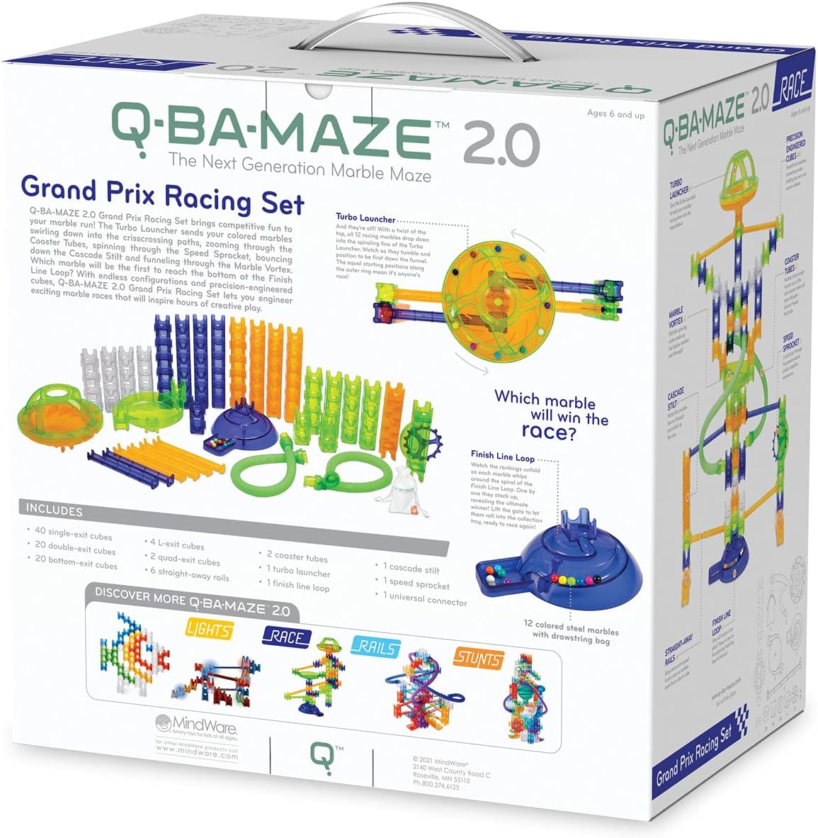 MindWare Q-BA-Maze 2.0 Grand Prix Racing Set – Marble Run Building Toy with Motion-Activated Lights, Ages 8 and Up