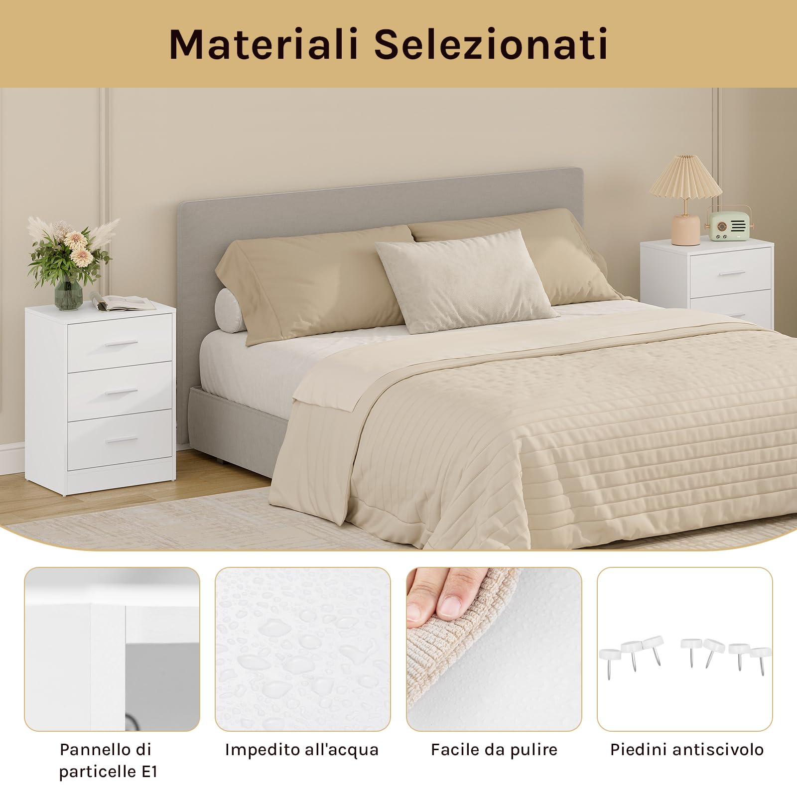 WOLTU Set di 2 Comodini Moderni con 3 Cassetti, Grande Capacità, Tavolino da Letto per Camera da Letto, Soggiorno e Ufficio, 39x28x54cm, Bianco, NTS26hei-2
