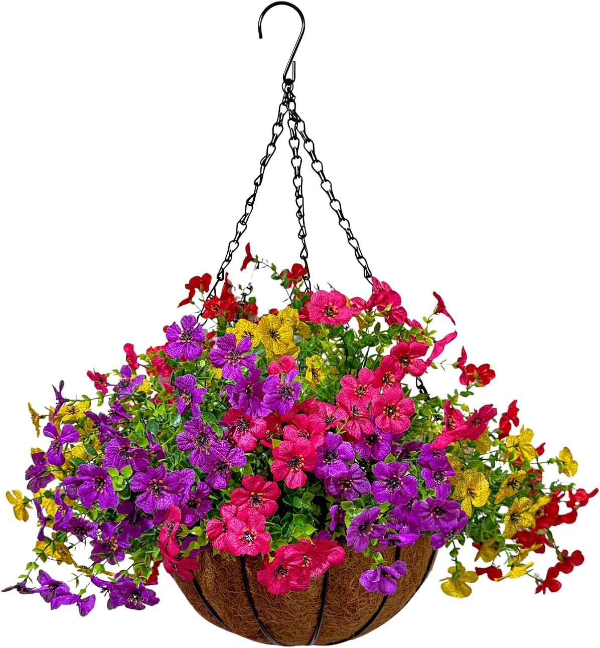 Artificial Faux Hanging Plants Flowers Basket for Spring/Summer Outside Decoration,Outdoor Flowers with Hanging Basket/Planters UV Resistant Colorful Daisy Eucalyptus for Porch Home Patio Balcony Yard