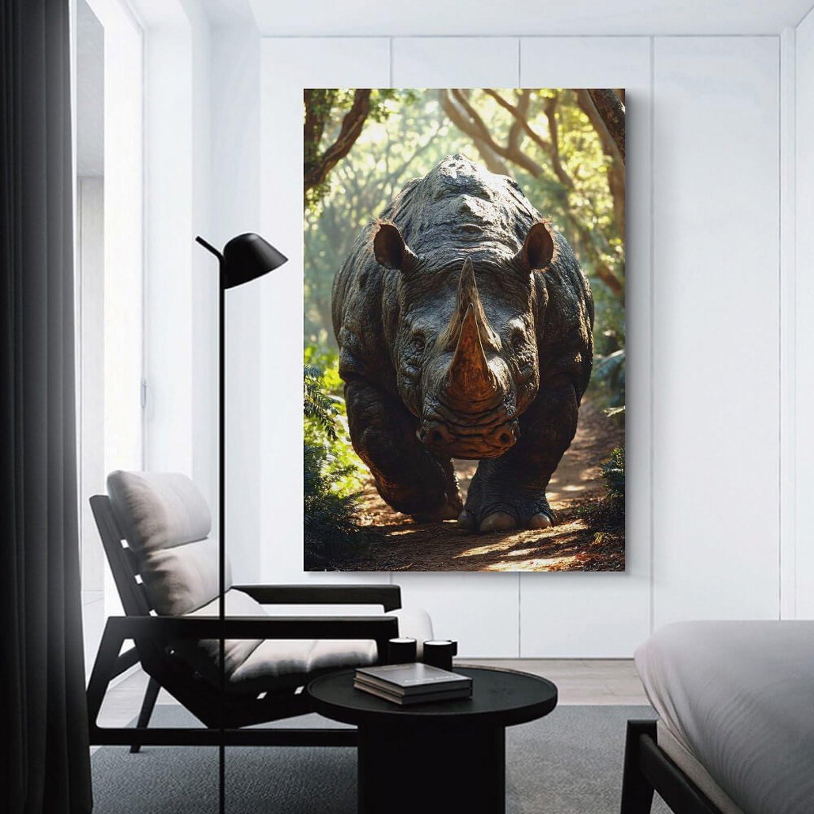 Junmoney Decorative Wall Artwork Rhino Walking on A Forest Path, 24x36inch(60x90cm), for Calm Bedrooms, Home Corners Or Flats, An Easy Wall Refresh for Bedrooms