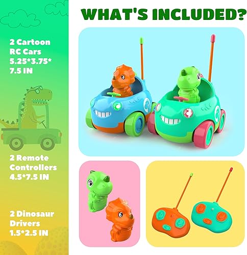 Miniatura 6 de BEZGAR Auto a control remoto para niños pequeños, paquete de 2 juguetes de dinosaurio con controladores de dinosaurios reemplazables, idea de regalo