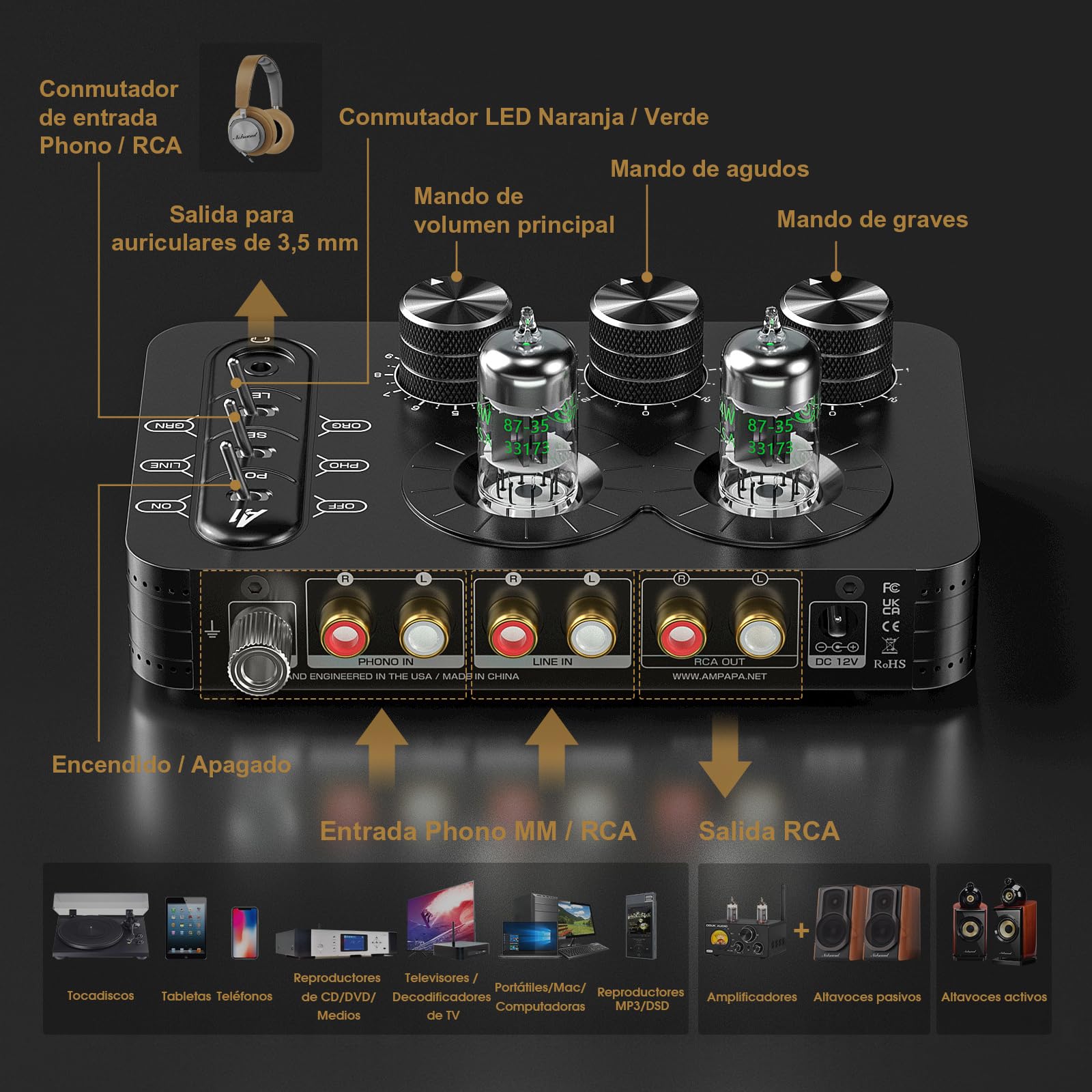 A1 Preamplificador de Fono de Tubo: Amplificador de Auriculares, Preamplificador de Alta Fidelidad para Tocadiscos MM con Control de Tono para Sistemas de Audio Estéreo Domésticos