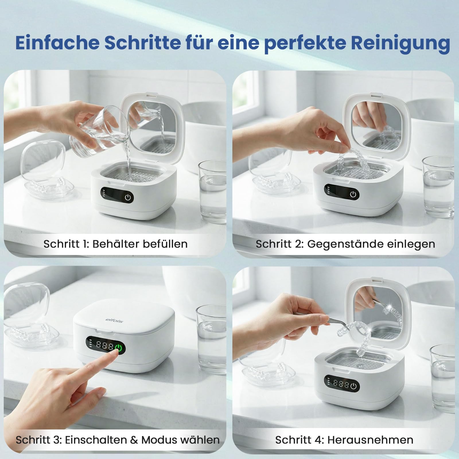 Tragbares Ultraschallreinigungsgerät mit UV-Licht – Kabelloser & Wiederaufladbarer Reiniger für Invisalign, Zahnschienen, Aufbissschienen & Gebiss | Reisefertig mit integriertem Spiegel