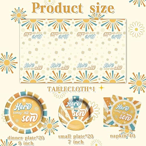 Miniatura 6 de Here Comes The Son - Decoraciones para baby shower, vajilla para el primer viaje alrededor del sol, incluye platos bohemios retro y servilletas,
