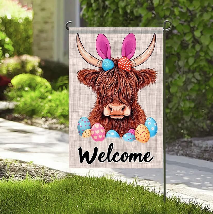 Happy Easter Garden Flag 12x18 Inch Double Sided Highland Cow Bunny Ear Egg Welcome Design Small Outdoor Yard Flag Spring Easter Banner for Porch Lawn Patio Farmhouse Decor - Image 6