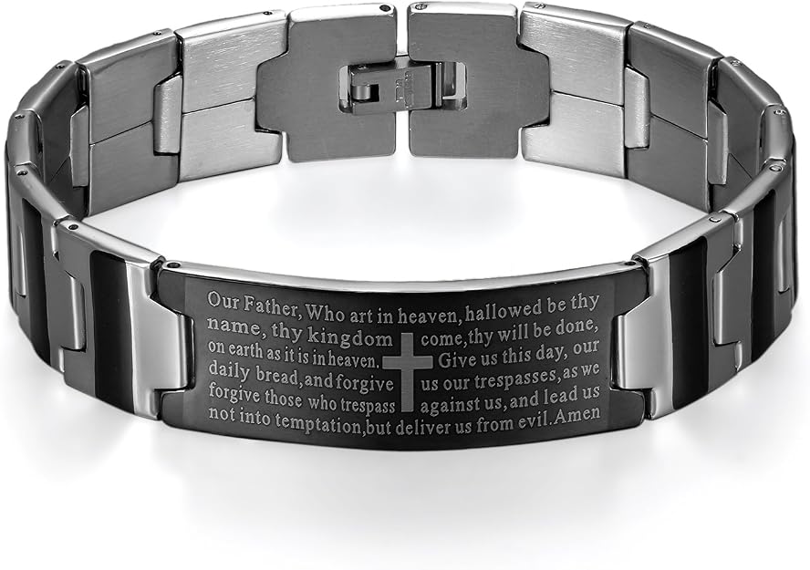 JewelryWe Lords Prayer Stainless Steel Bracelet For Men - Religious Cross Bible Verse Bangle With Gift Bag