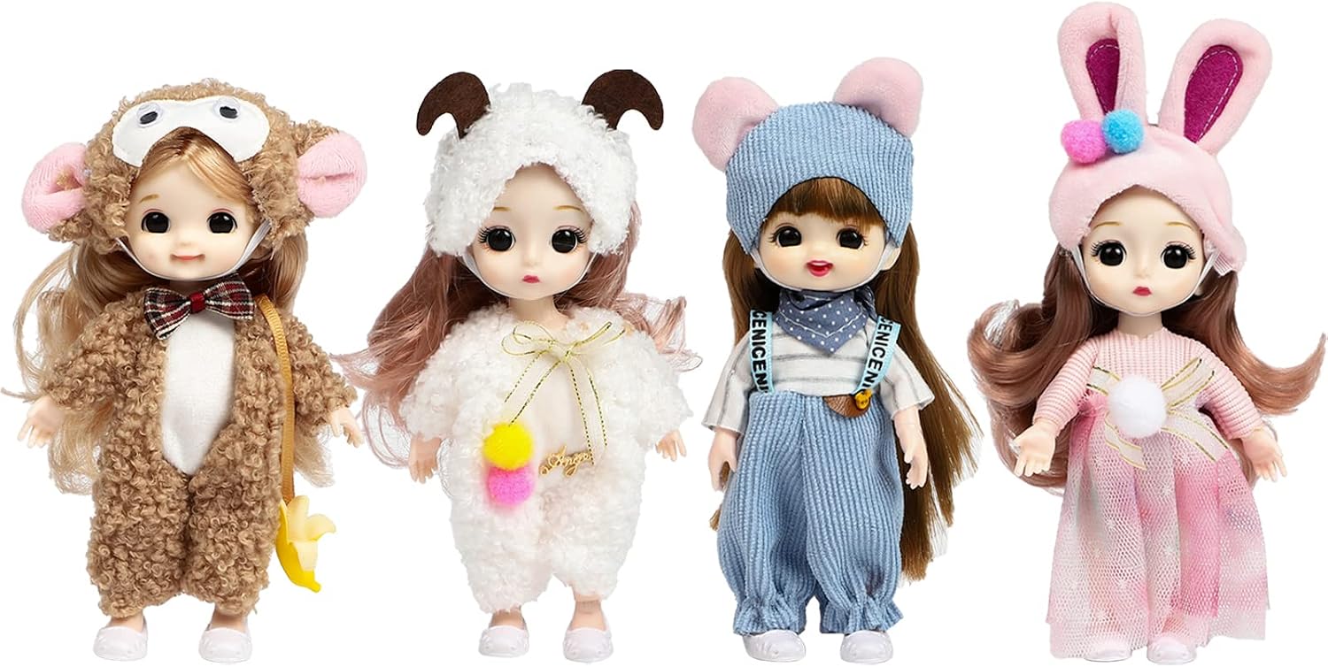 ONEST 4 Sets 6 Inch Dolls Cute Girl Dolls Include 4 Pieces Girl Mini Dolls, 4 Sets Handmade Doll Clothes, 4 Pairs of Doll Shoes