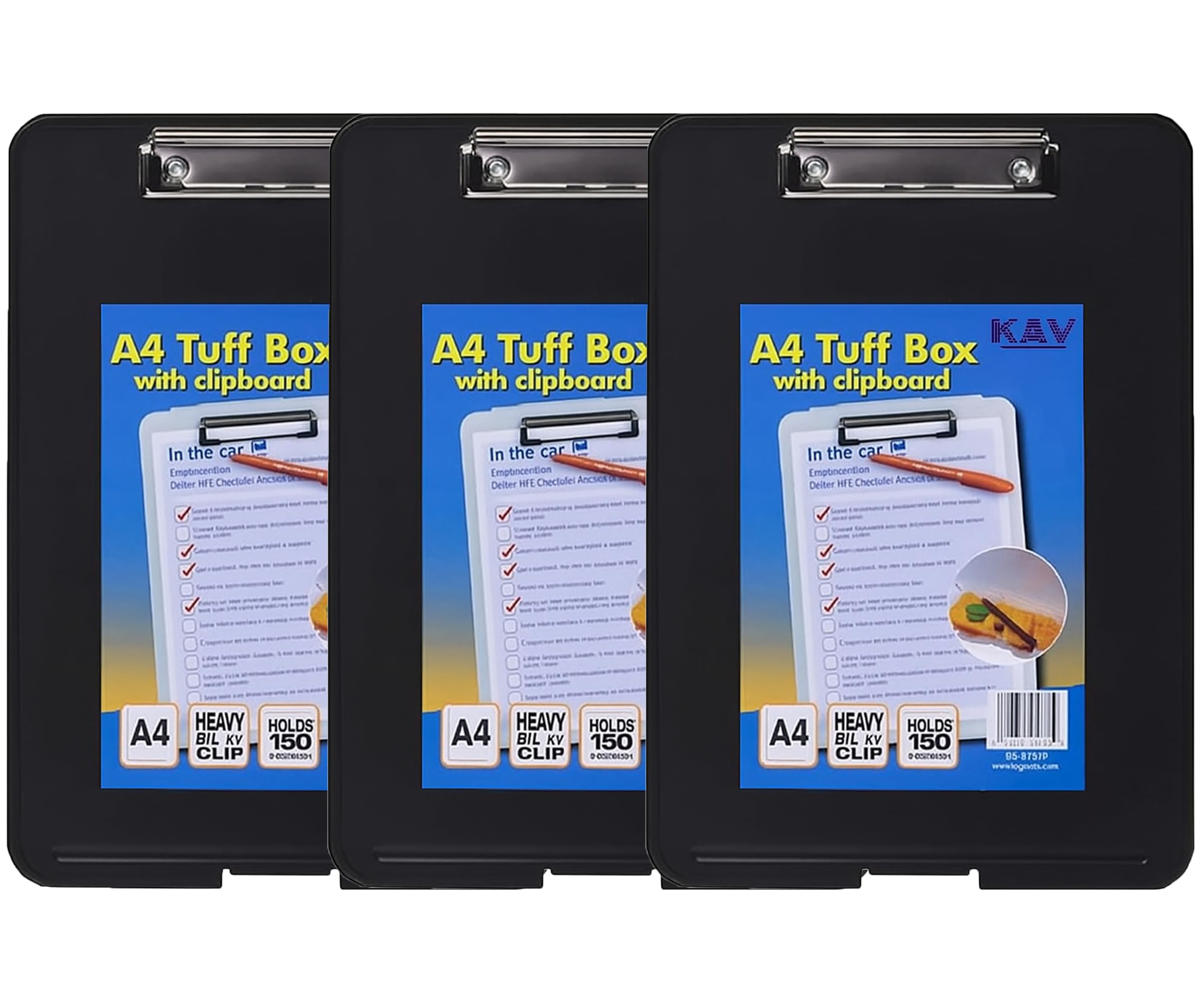 KAV A4 Black Strong Plastic Clipboard with Storage Box – Weatherproof Tuff Box File – Durable Organizer for Stationery, Tools & Equipment – Translucent Polypropylene Box with Metal Clip – Pack of 3 — image 1