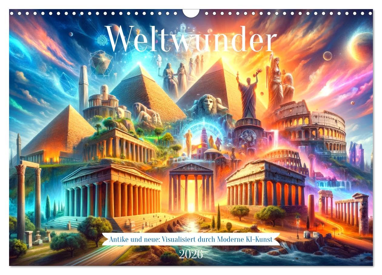 Wonders of the world: ancient and new: Visualized by Modern AI Art UK-Version (Wall Calendar 2026 DIN A3 Landscape), CALVENDO 12 Month Wall Calendar โ image 1