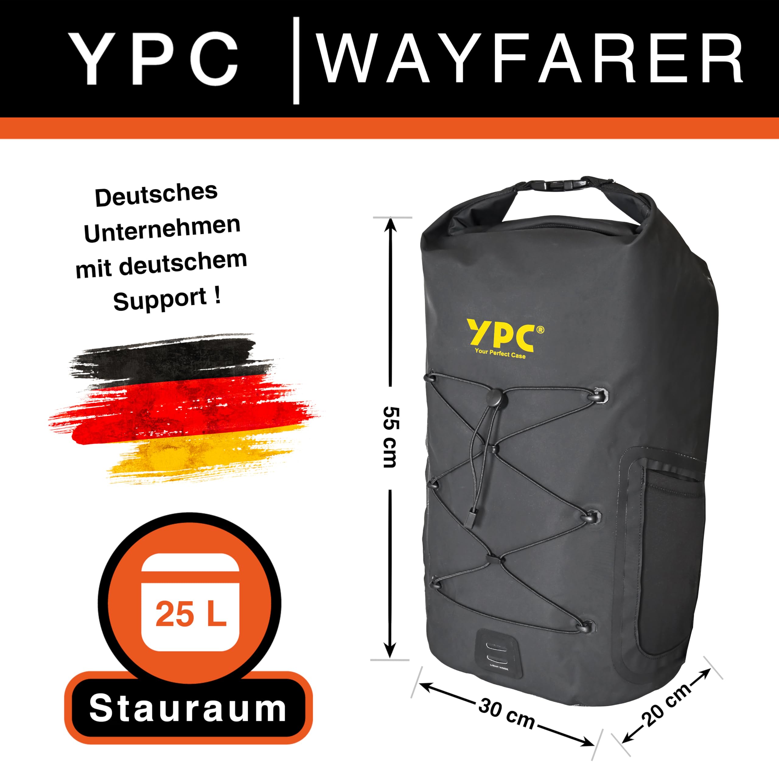 YPC Wayfarer plecak outdoorowy – plecak turystyczny z RollTop, plecak trekkingowy, wodoszczelny plecak rowerowy, plecak kempingowy z szelkami i uchwytem do noszenia, XL, czarny – 25 litrów