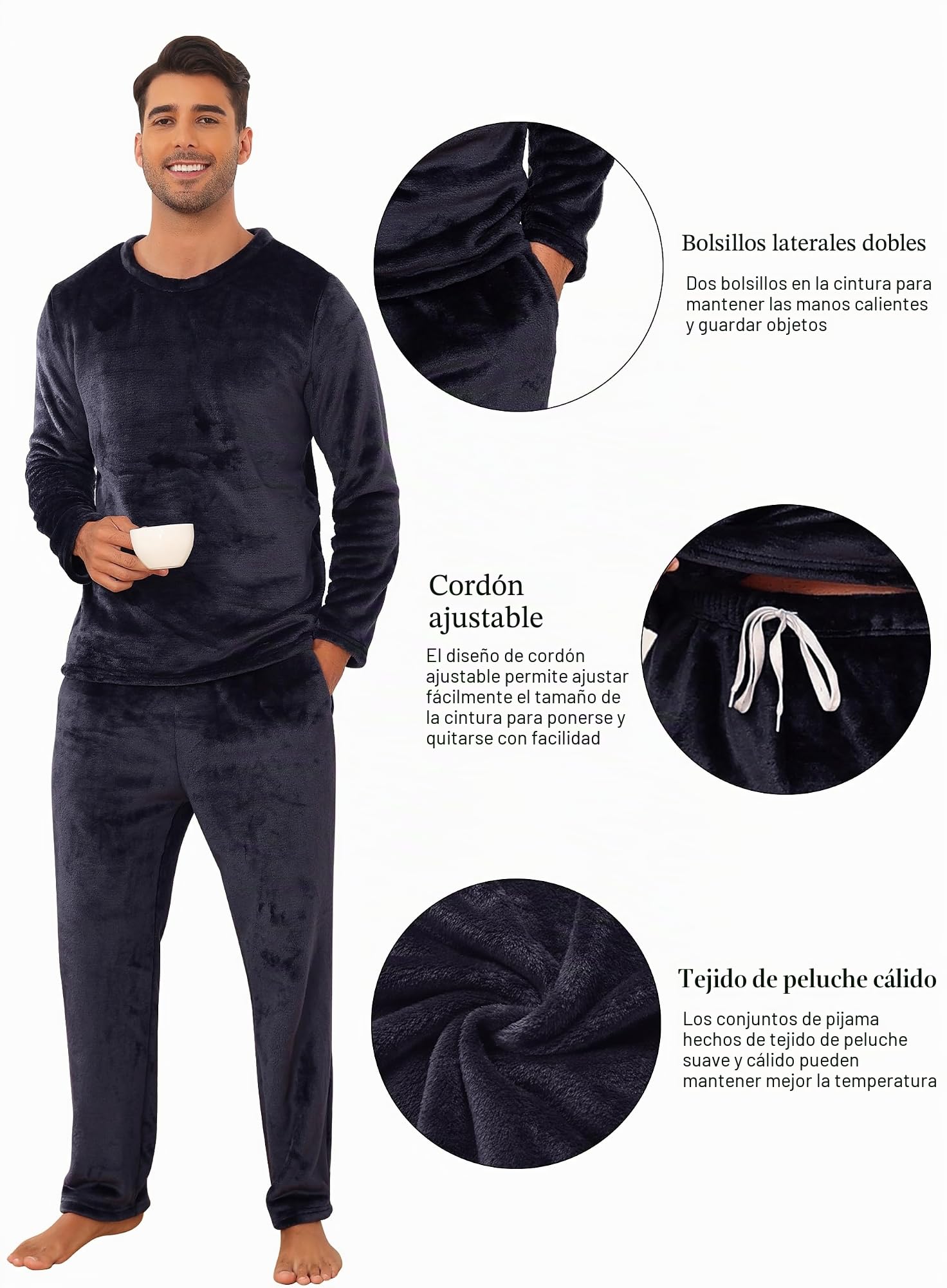 Lovasy Pijama Hombre Invierno Manga Larga Polar Pijamas para Hombre de Franela Cálido Largo
