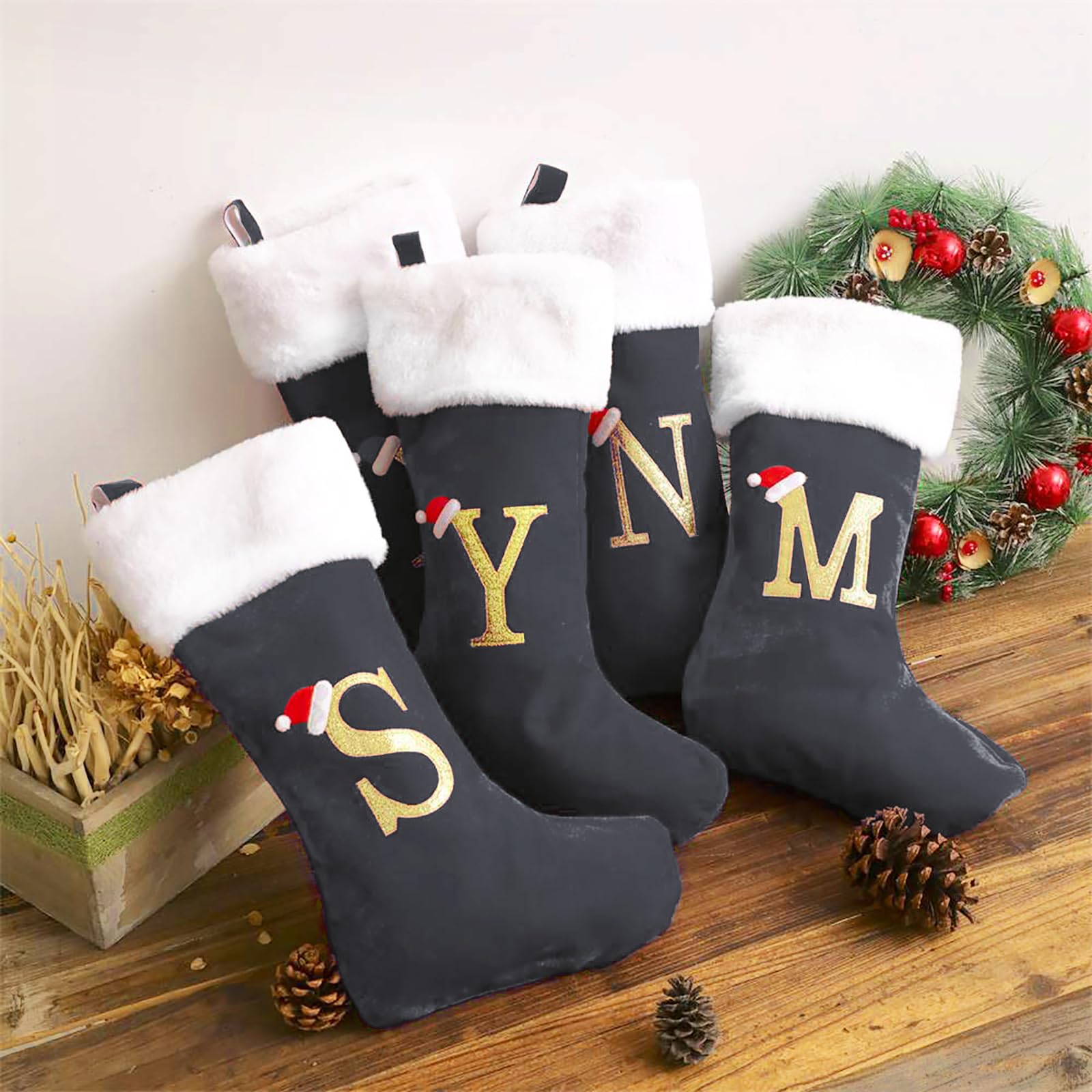 papasgix Personalisierte Weihnachtsstrümpfe mit Buchstaben Bestickter Nikolausstrumpf Christmas Stockings Plüschbündchen Kamin Deko Weihnachten Ornamente Geschenkhalter(Grau,5pcs)
