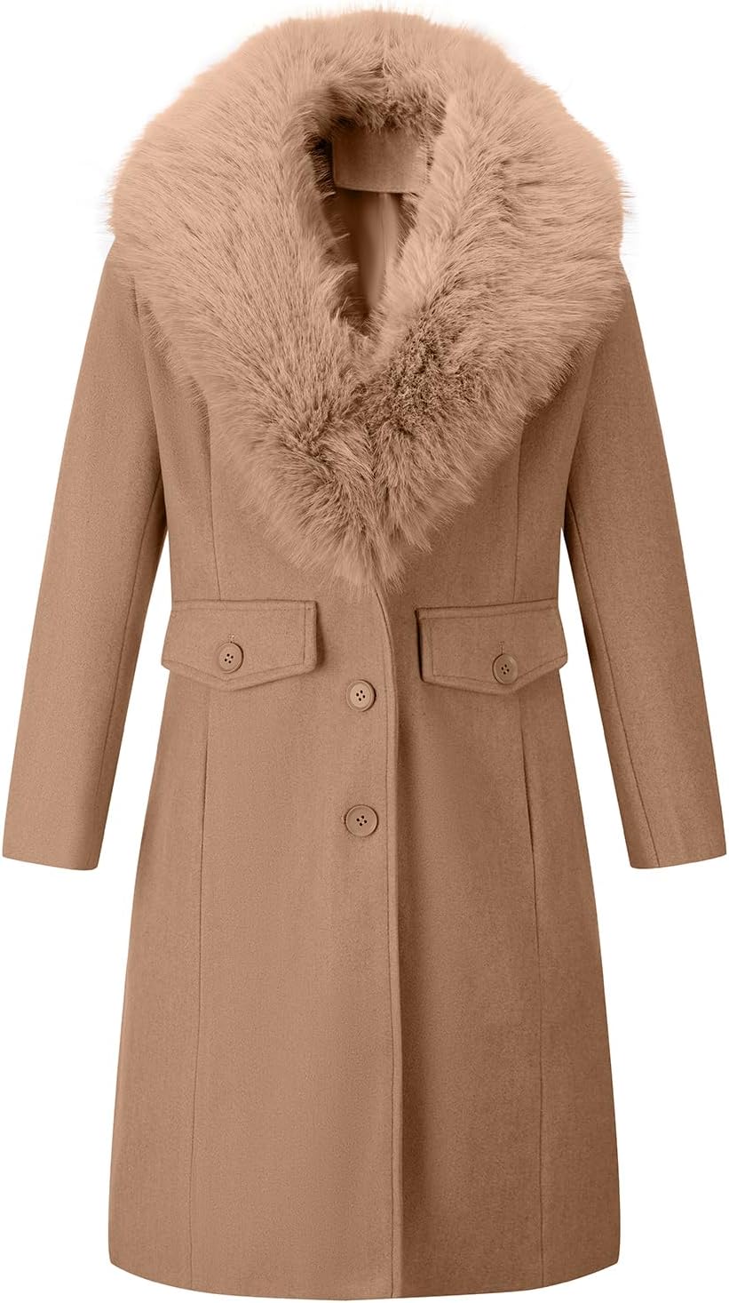 Pallivare Womens Fur Trench Coat Elegant Jacket Warm Long Fall Winter Overcoat With Fur Collar & Belt