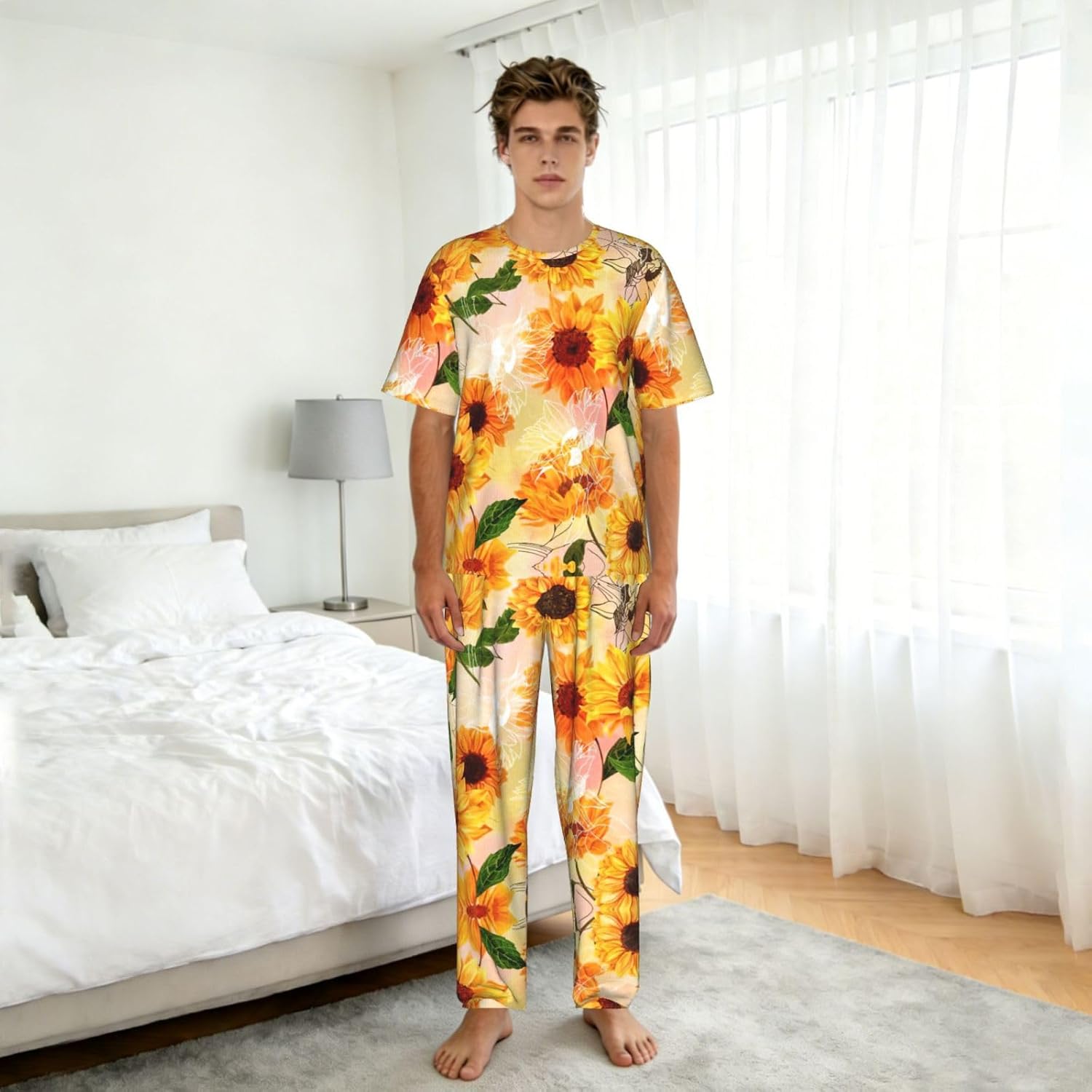 Men'S 2 Piece Loungewear Pajama Set Beautiful Sunflower Print Short Sleeve Tee Top And Pants Set S-3xl