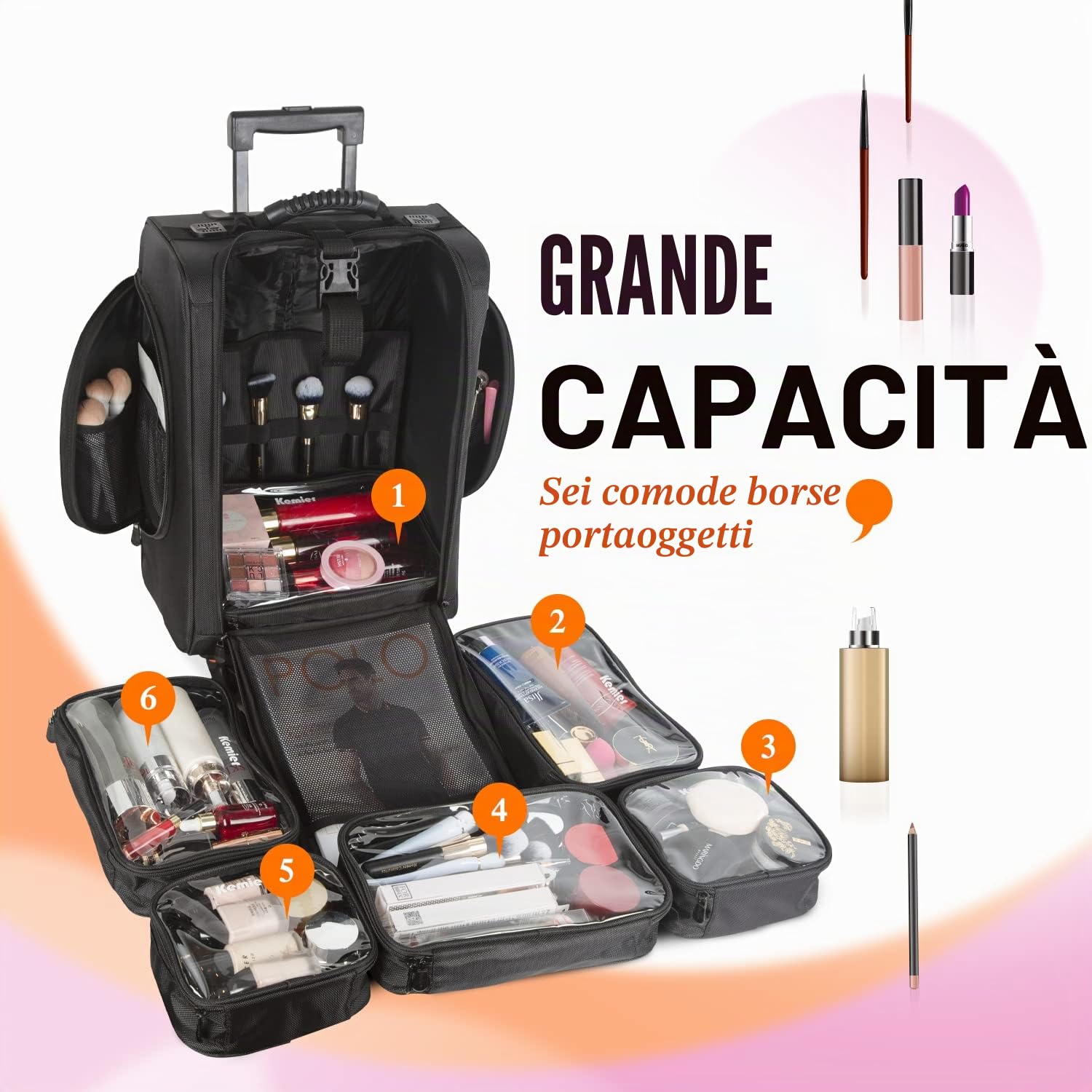 Organizer Portatile per Cosmetici, in Nylon Morbido Con Sacchetti, Nero
