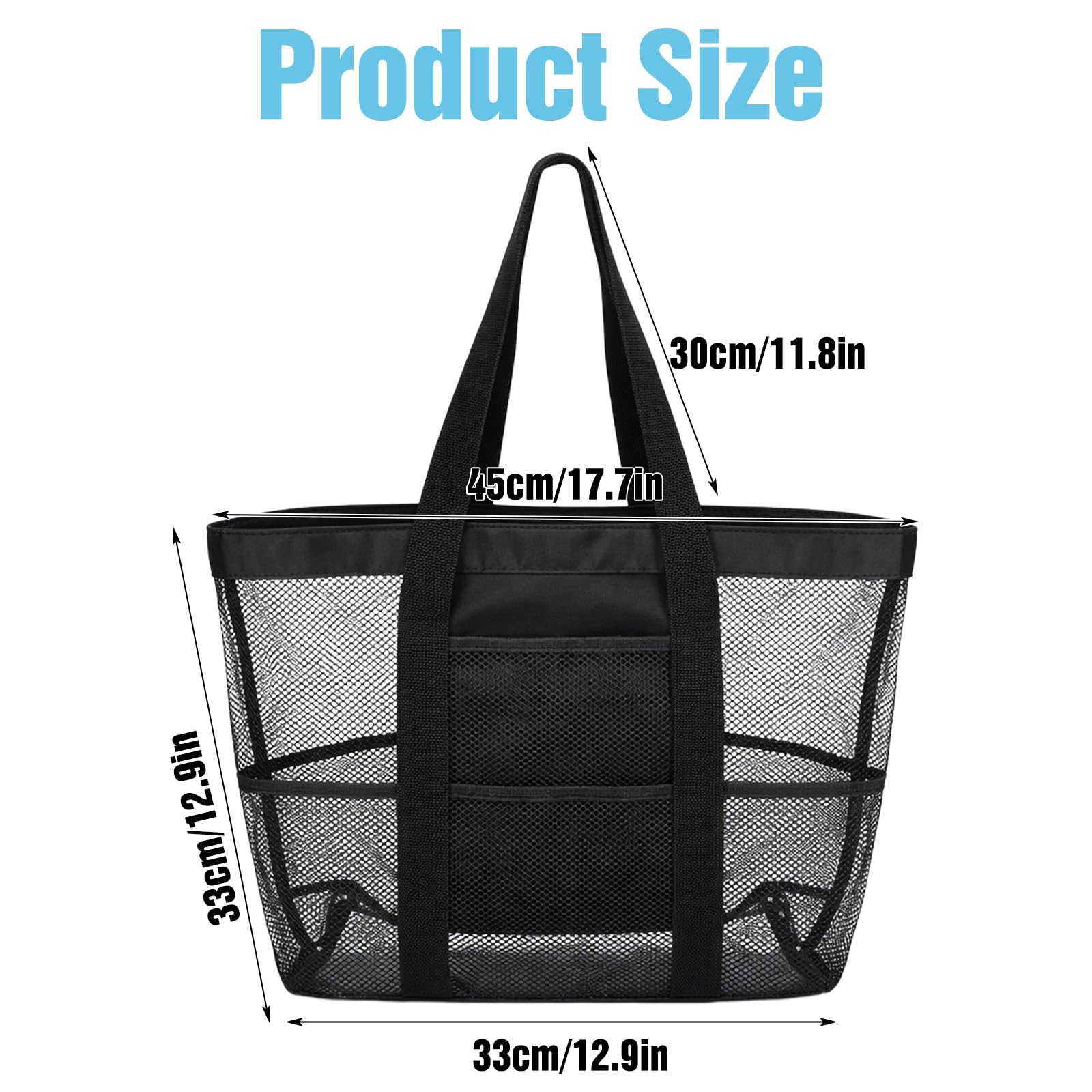 1 torba plażowa z siatki dla kobiet, torba plażowa z kieszenią na plażę, urlop, basen, do studia fitness, torba na zakupy wielokrotnego użytku (czarna, 33 x 33 cm)