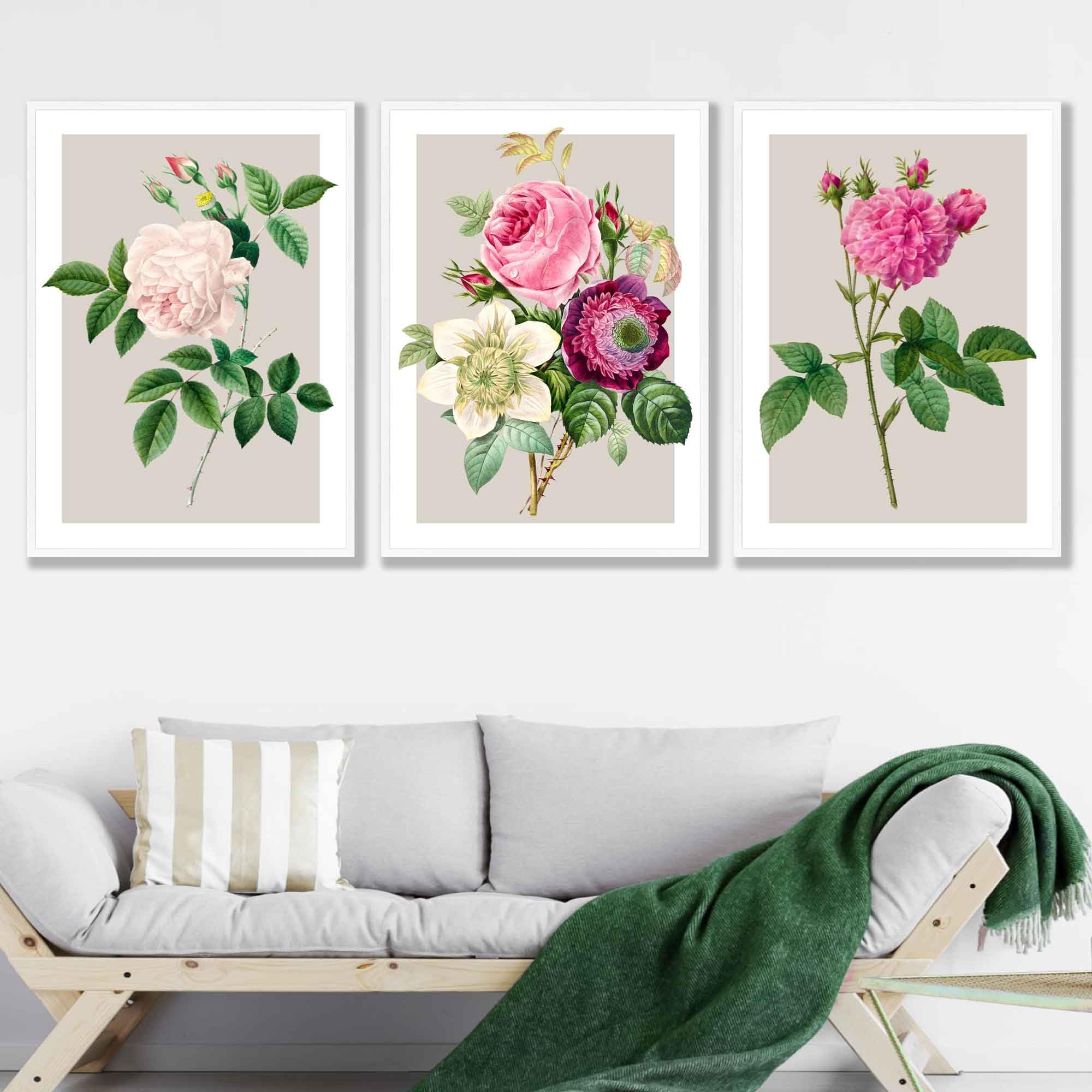 Artze Summer / Pink Set Of 3 Vintage Flowers Roses Wall Art Prints Only Size: (A3-29.7 X 42 Cm)