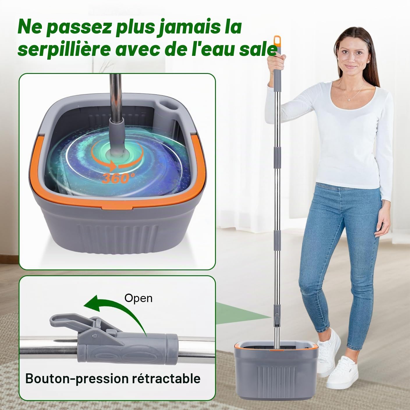 Sgizoku Balai serpillère avec seau, serpillère rotative à 360° avec essoreuse, fonction lavage et séchage, sépare l'eau propre et sale, manche télescopique avec 4 tampons réutilisables pour tous les