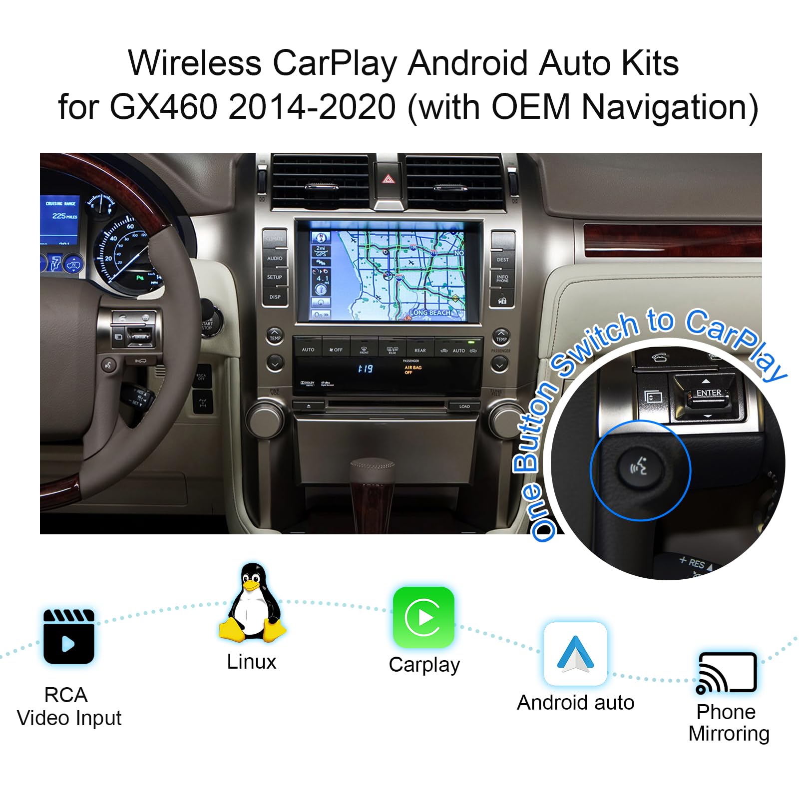 AUTUVONE LVDS Wired/Wireless CarPlay Decoder Retrofit Kit for Lexus GX460 2014-2021, Support Wireless Android Auto, Upgrade Car Screen to Phone Mirror, Keep The Factory Screen and Control