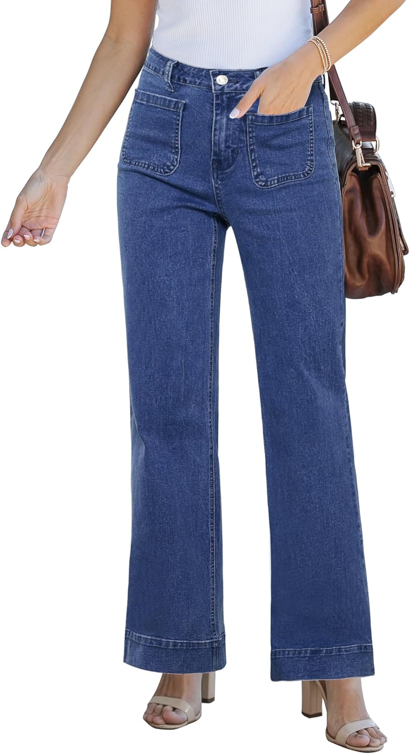 GRAPENT Wide Leg Jeans for Women High Waisted Flare Trendy Stretchy Denim Pants Duo Pockets Trouser Jeans