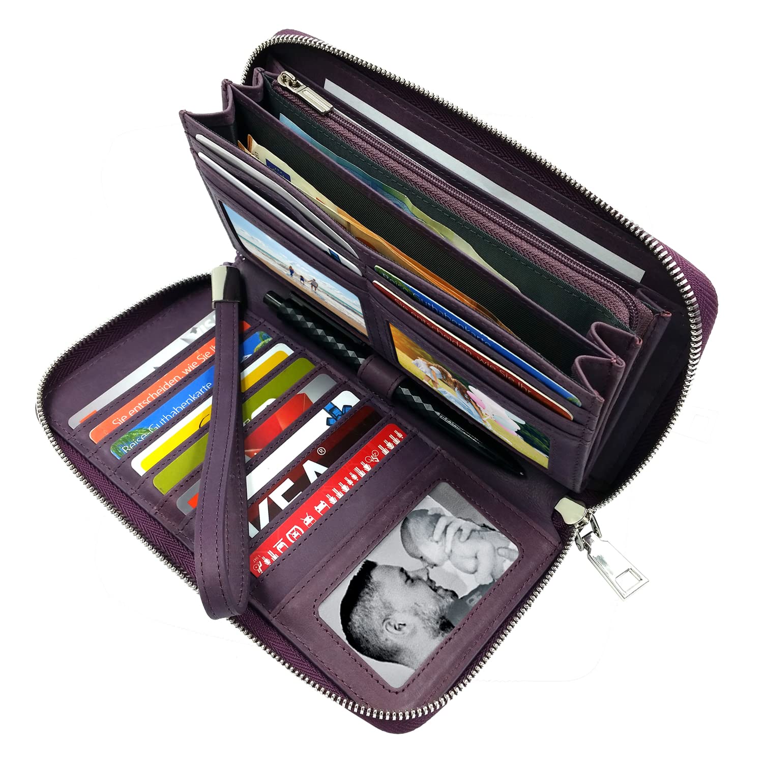 Damen Portemonnaie Oil-Wax-Leder lila groß lang, RFID Schutz, Münzfach, viele Fächer Handyfach, Clutch Geldbörse Portmonee Geldbeutel Brieftasche Damenbörse Damengeldbörse Geldtasche Damenportemonnaie