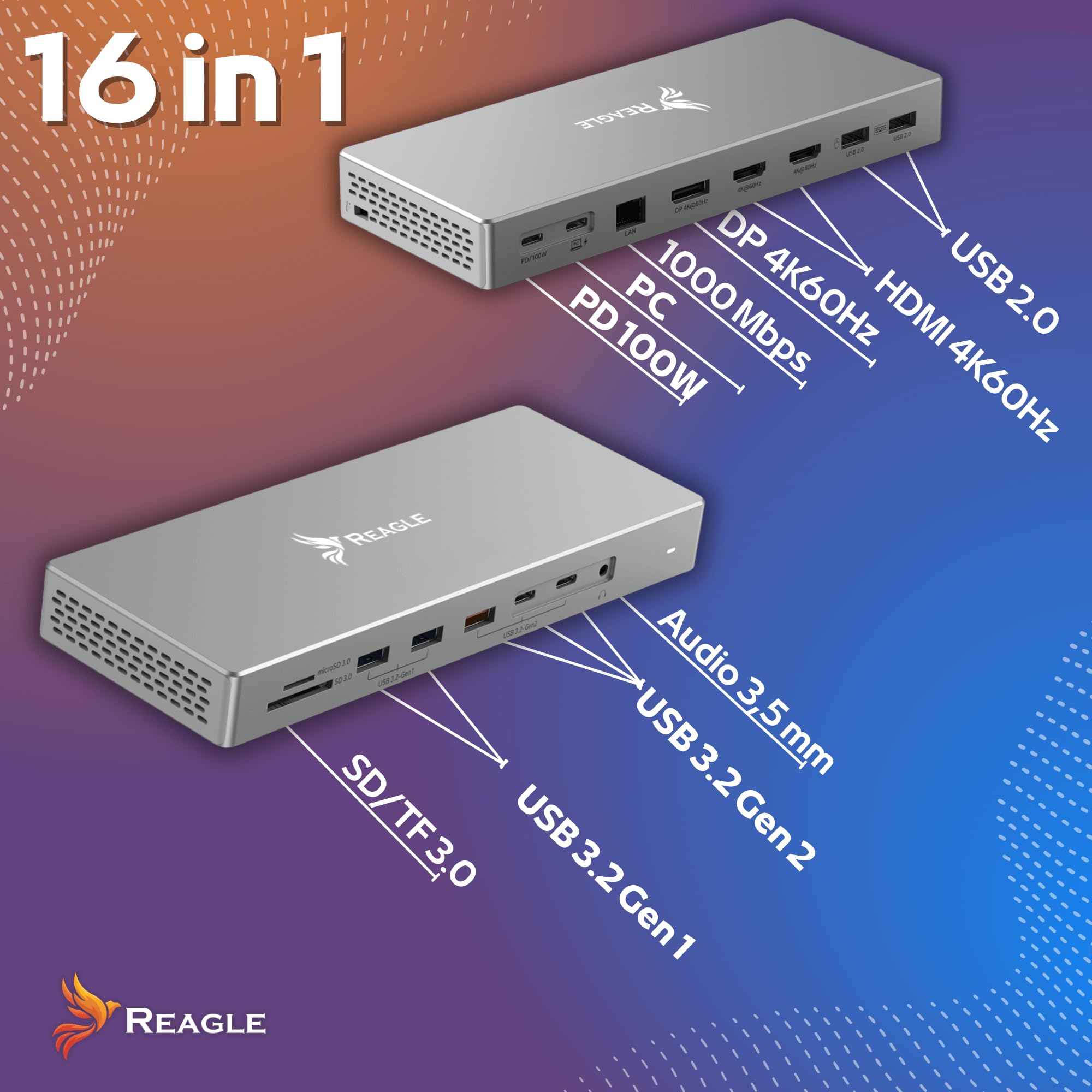 Reagle HUB USB-C 16 w 1 USB-C 2X HDMI, 1 x DP, 7X USB MST 4K60Hz stacja dokująca PD100W, LAN RJ45, Thunderbolt USB-C 3.2 10 Gb/sAudio 3,5 mm Micro SD TF 3.0