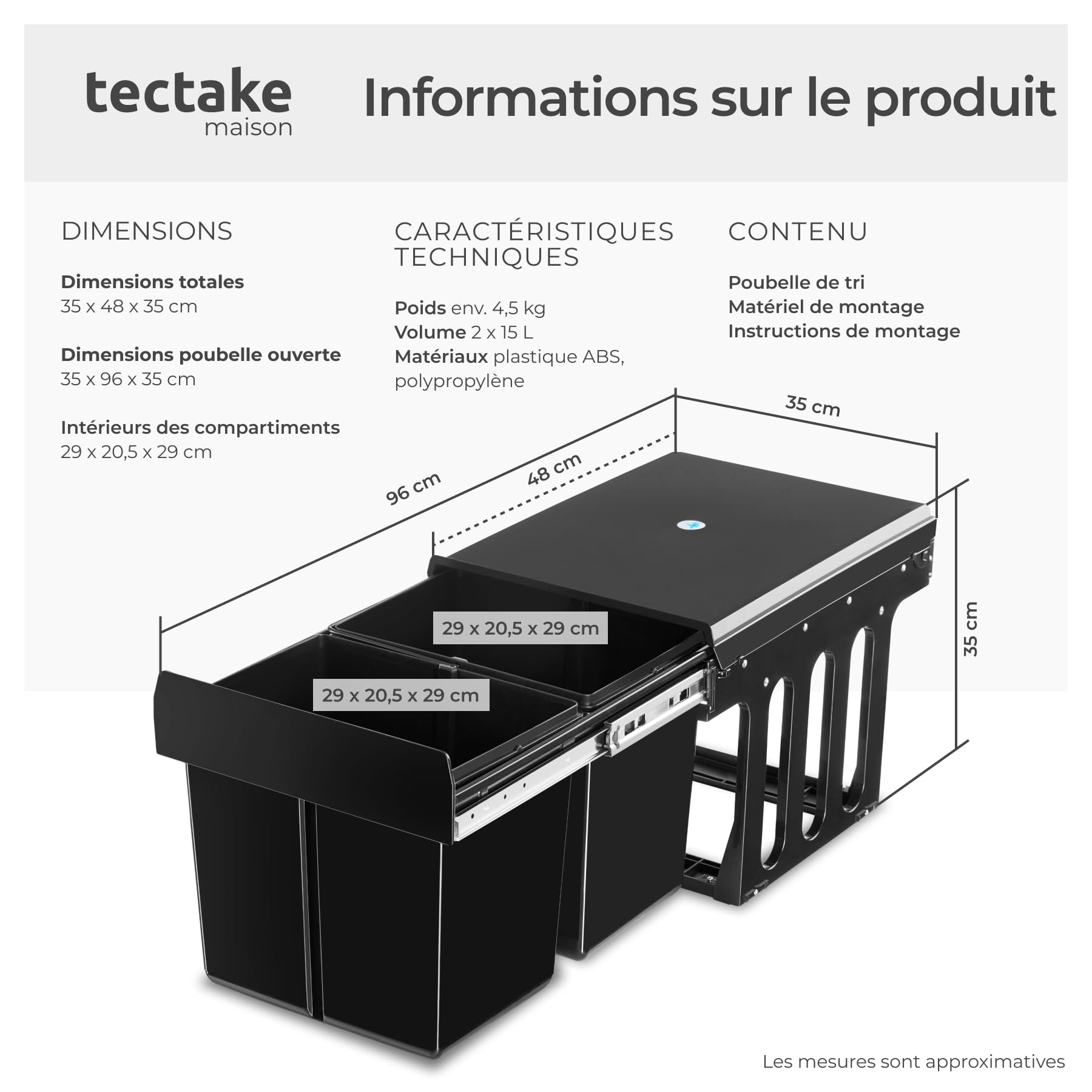 tectake® Poubelle de tri selectif pour Meuble de cuisine Poubelle cuisine Noir Poubelle 2 compartiments 2x15L Poubelle cuisine 30 litres Poubelle sous evier Poubelle encastrable Poubelle plastique