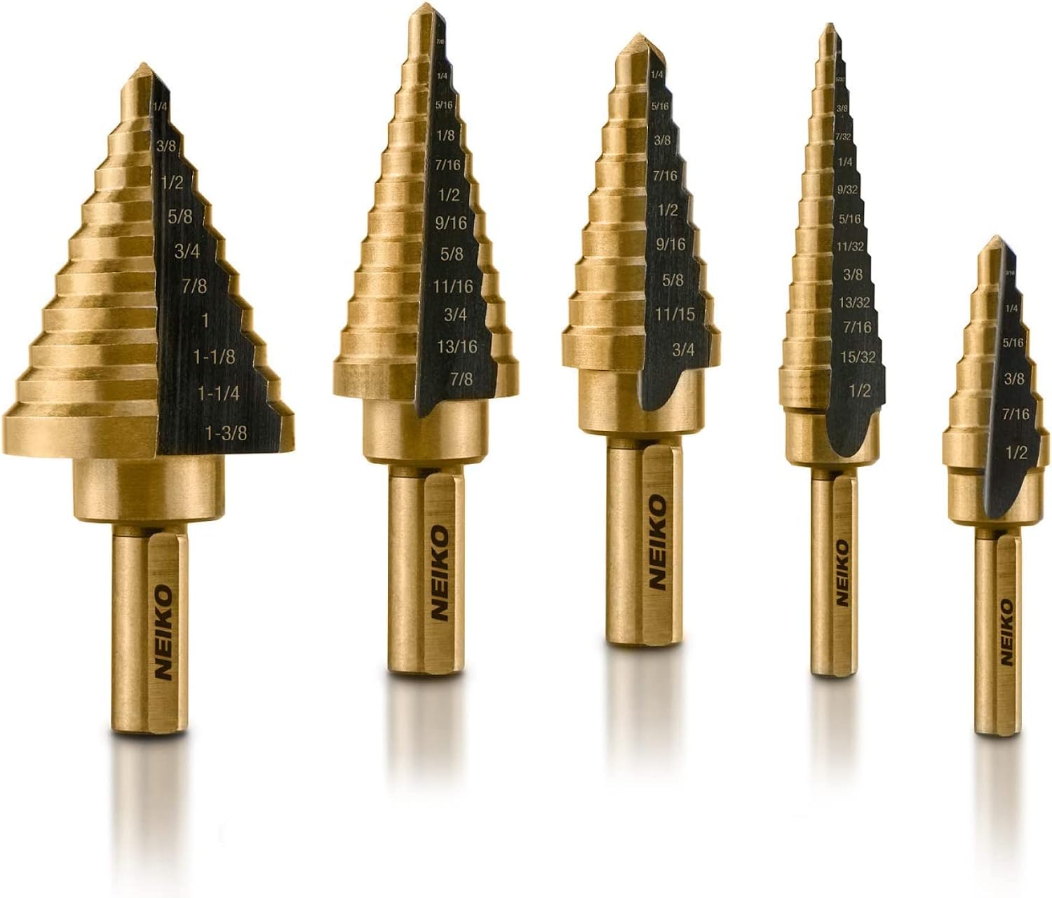 NEIKO 10197A Step Drill Bit Set, 50 SAE Sizes Total, 1/8” – 1-3/8” Standard Titanium High Speed Steel Unibit, Stepper Cone Drill Bit, Two Flute Step Down Bits, 5 Piece (Pack of 32)