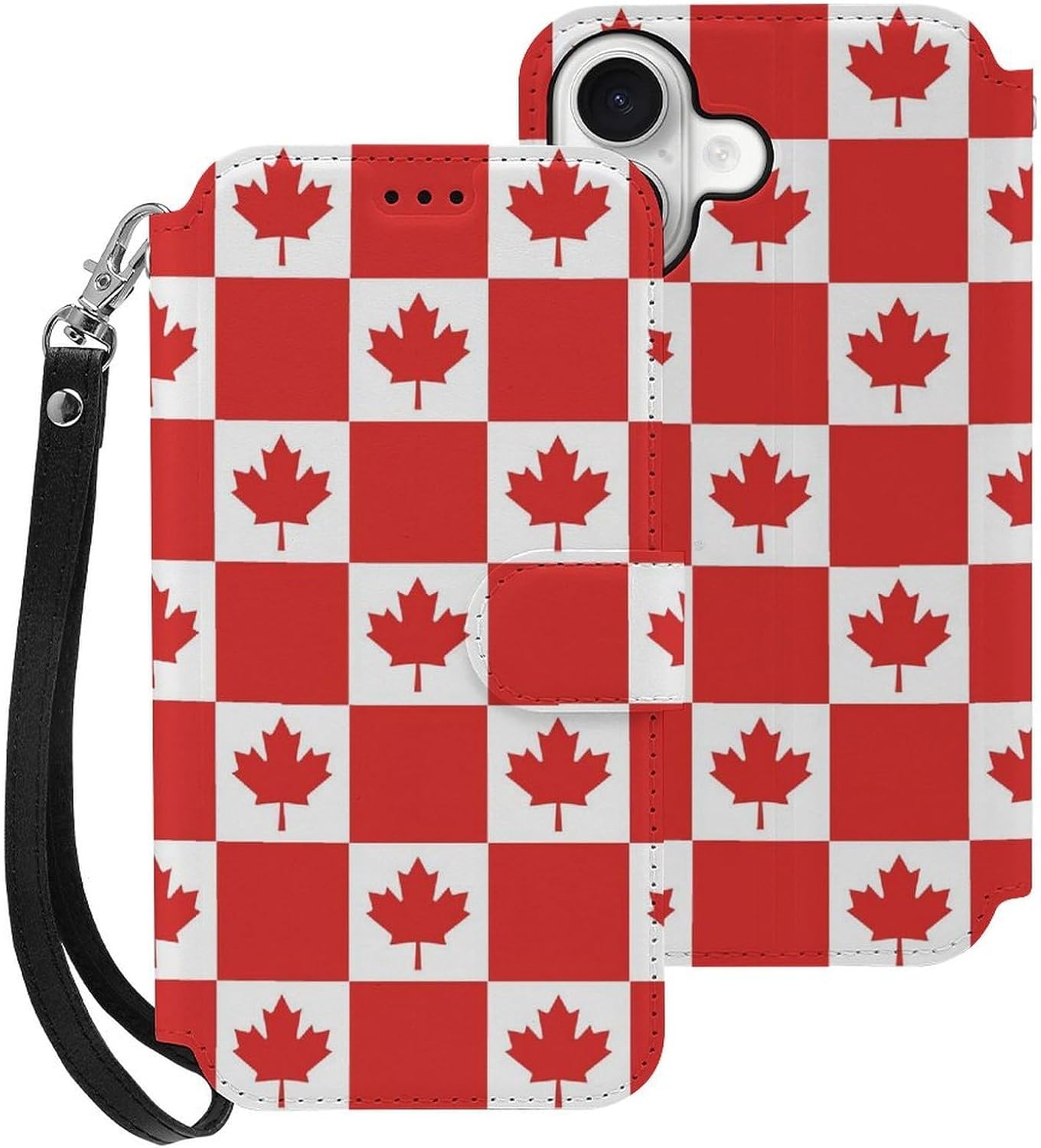Canadian Flag Canada Leaf Compatible with iPhone 16/16 Plus/16 Pro/16 Pro Max/16 E Case Phone Wallet Card Holder Flip Cover with Wrist Strap