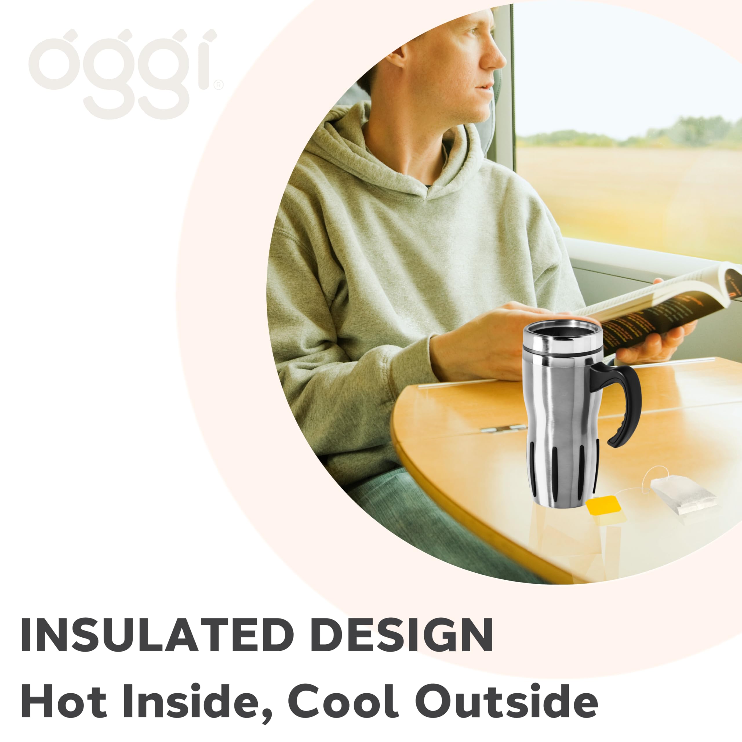 OGGI Mulitigrip Stainless Steel Thermal Travel Mug - 16oz, with slide open lid for hot and cold beverages.