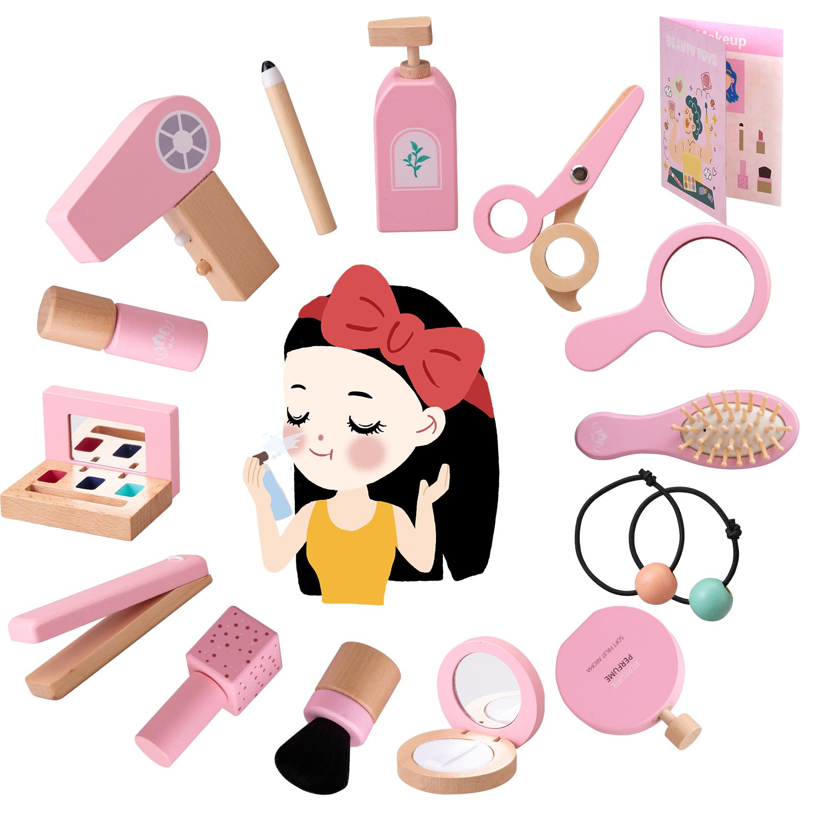 Ehome Wooden Beauty Salon Play Set, Makeup Kit Play Set Wood Makeup Toy Set for Toddler Pretend Play Makeup Kit with Realistic Accessories for Girls 3 4 5 6 7 8 Year Old Christmas Birthday Gifts