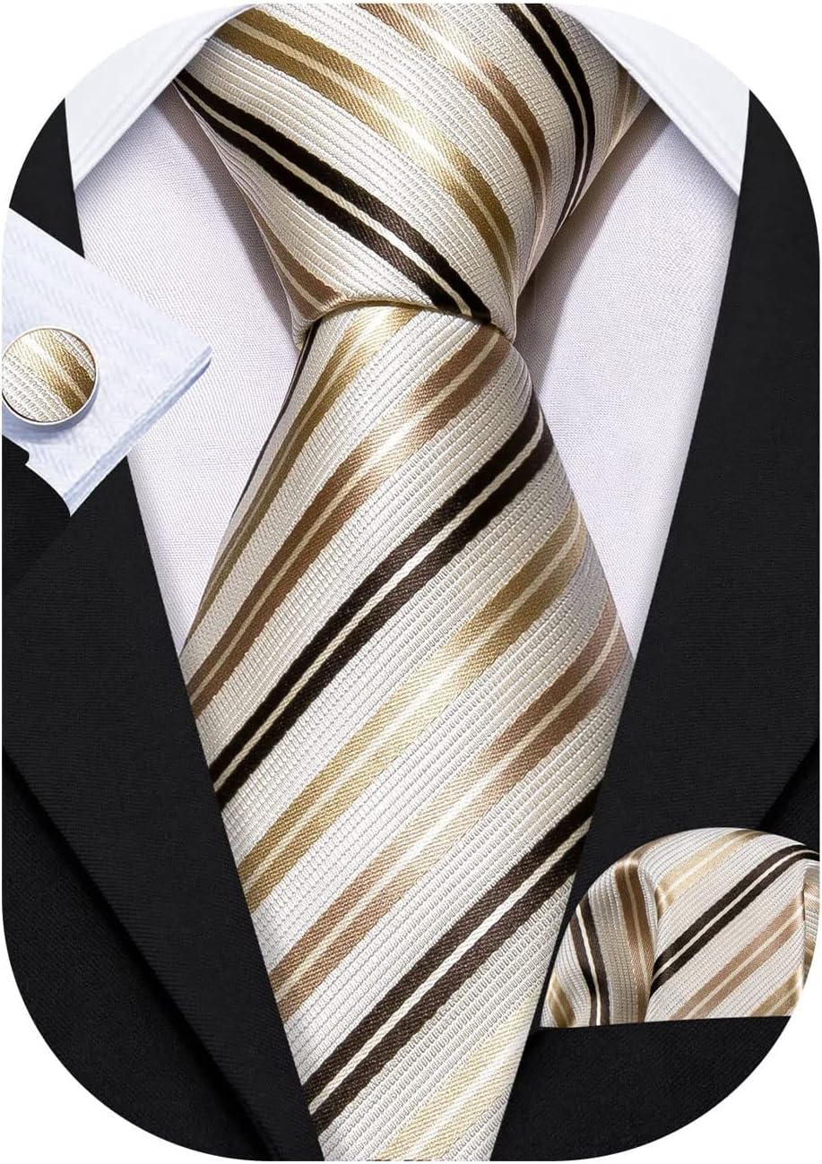 Barry.Wang Tie Sets for Men Silk Stripe Necktie Woven Checkered Handkerchief Cufflinks Formal Business Wedding