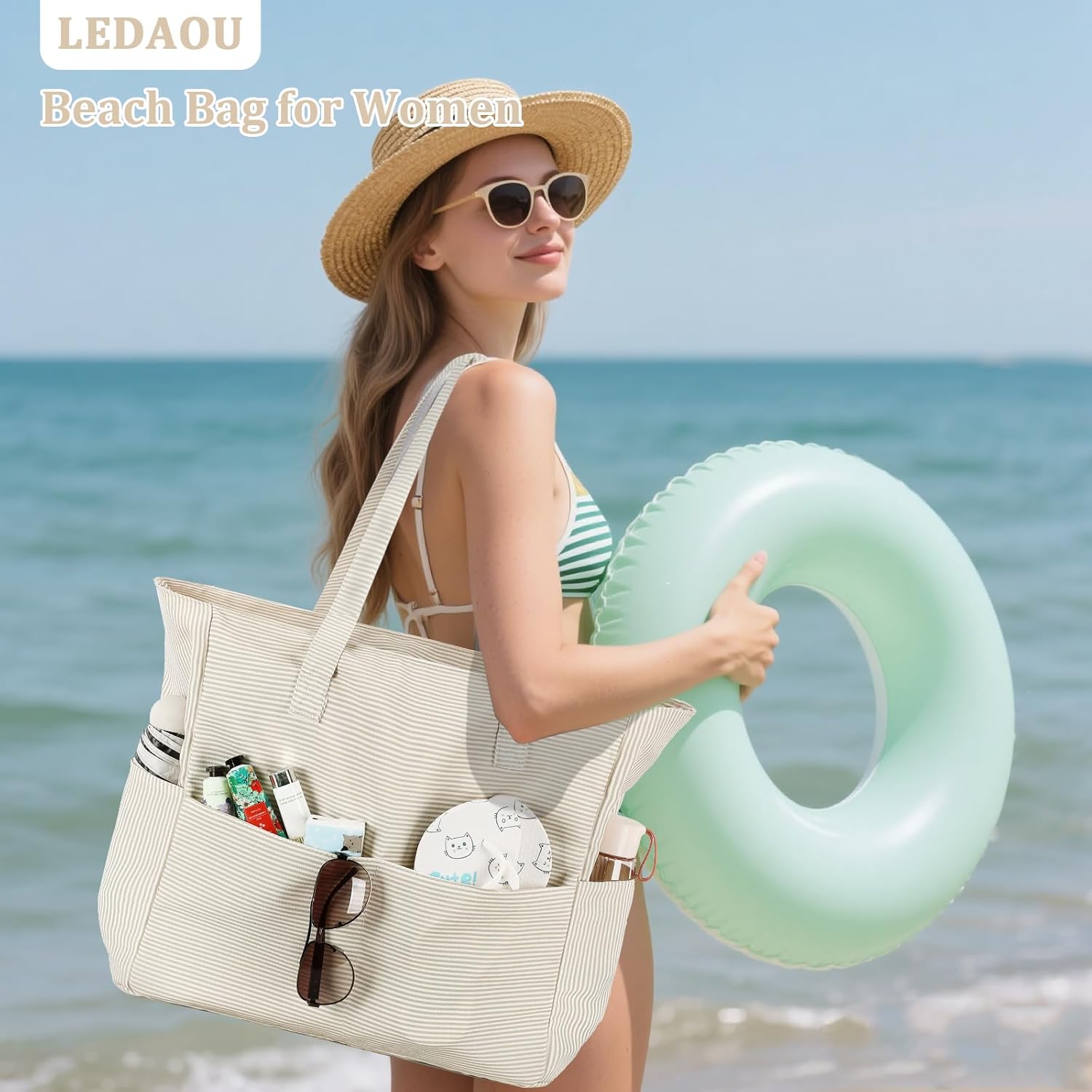 LEDAOU Large Beach Bag Women Waterproof Sandproof Zipper Beach Tote Pool Bag for Swim Gym Grocery Travel with Wet Pocket | Waterproof, Sandproof, Zipper, Pool, Gym, Grocery