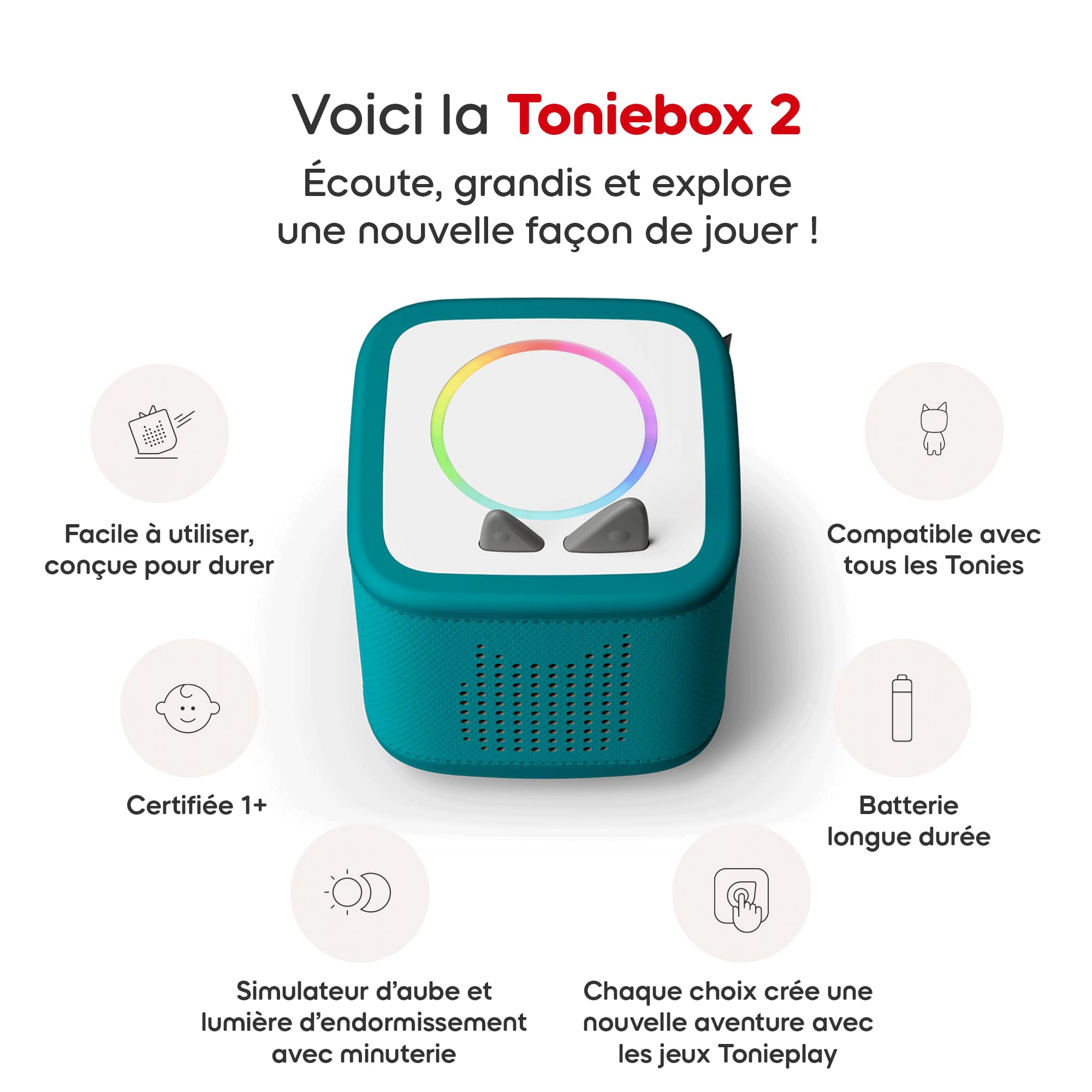 tonies Toniebox 2 Boite à Histoire pour Enfant, Musiques et Jeux 1 à 9 Ans, Ecoute, Apprends, Joue, Robuste & Facile à Utiliser, 1 Figurine Rubie, Vert Océan - 2