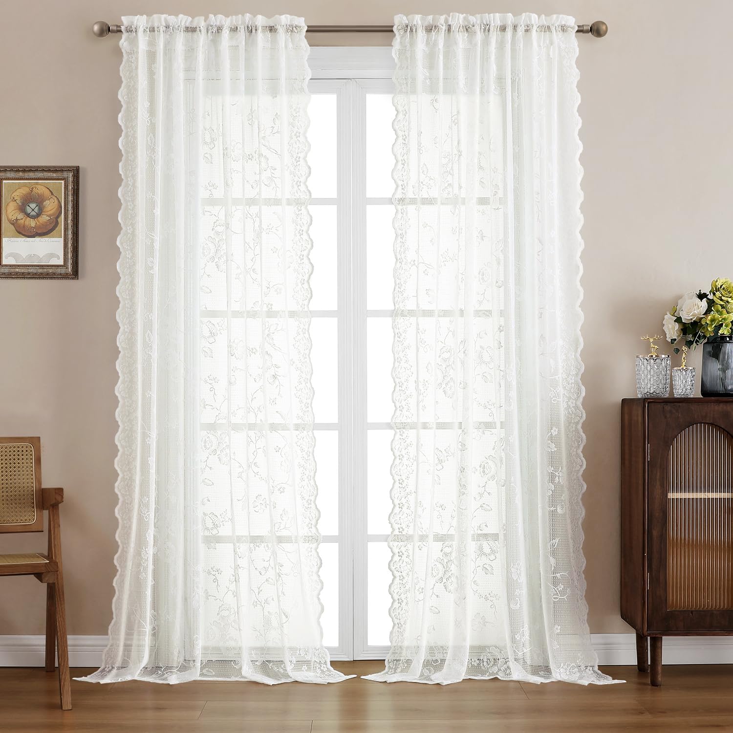 HOMEIDEAS Cute Ivory Vintage Sheer Lace Curtains for Bedroom Elegant Victorian Curtains 84 Inch Length for Living Room Romantic Floral Rod Pocket French Window Drapes, 2 Panels, 52 X 84 Inch