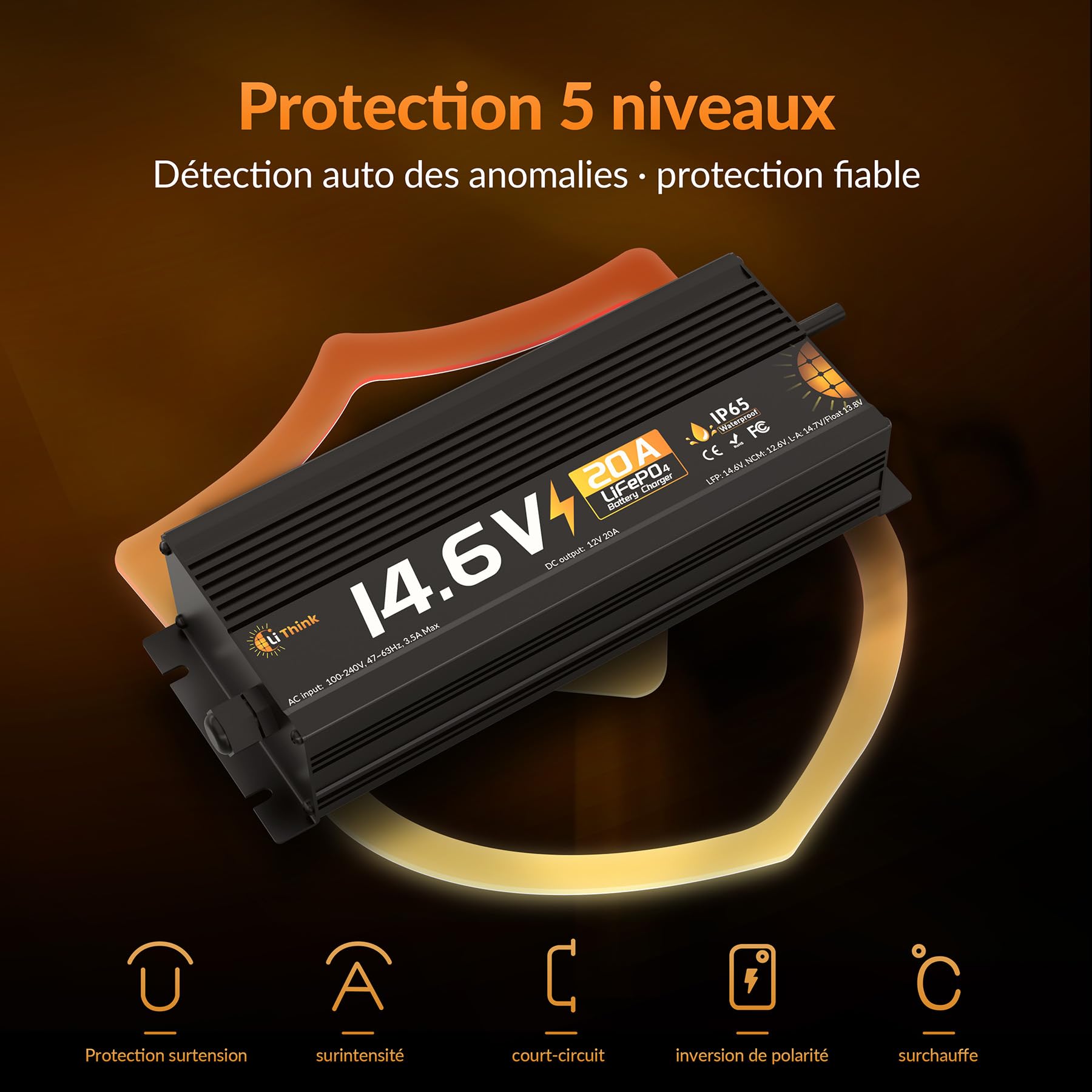 Chargeur de Batterie Lithium 14,6V 20A pour Batterie LiFePO₄ 12V