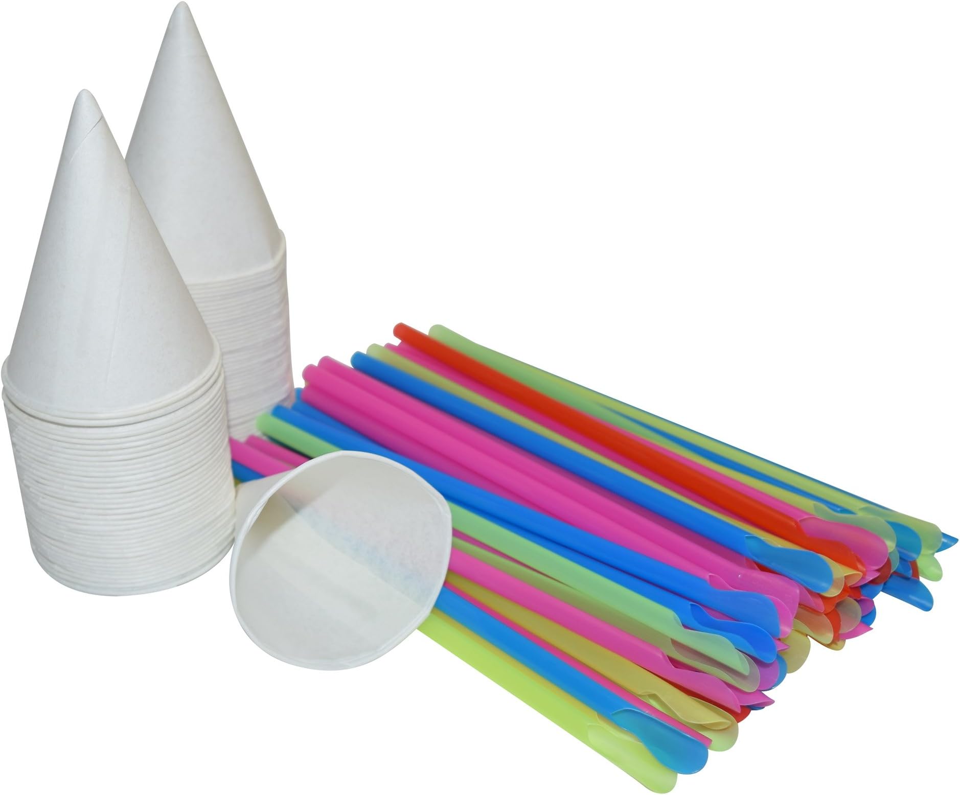 400 White Snow Cone Cups 4 OZ and 400 Colorful Spoon Straws