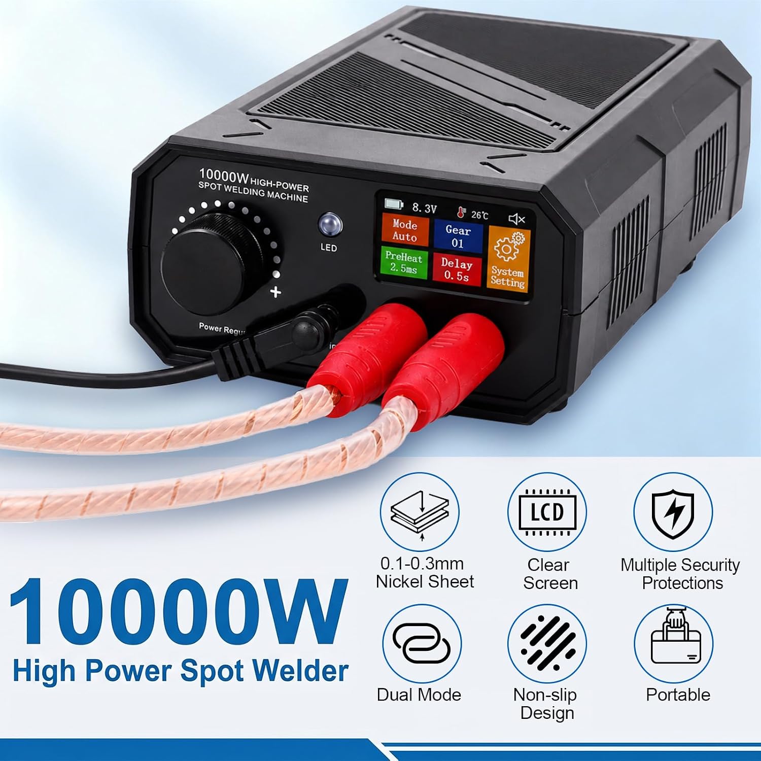 10000W battery spot welder | Rotating knob operation, 99 adjustable gears,0.1-0.3mm Dual Pulse Output Battery Spot Welder,assemble battery pack