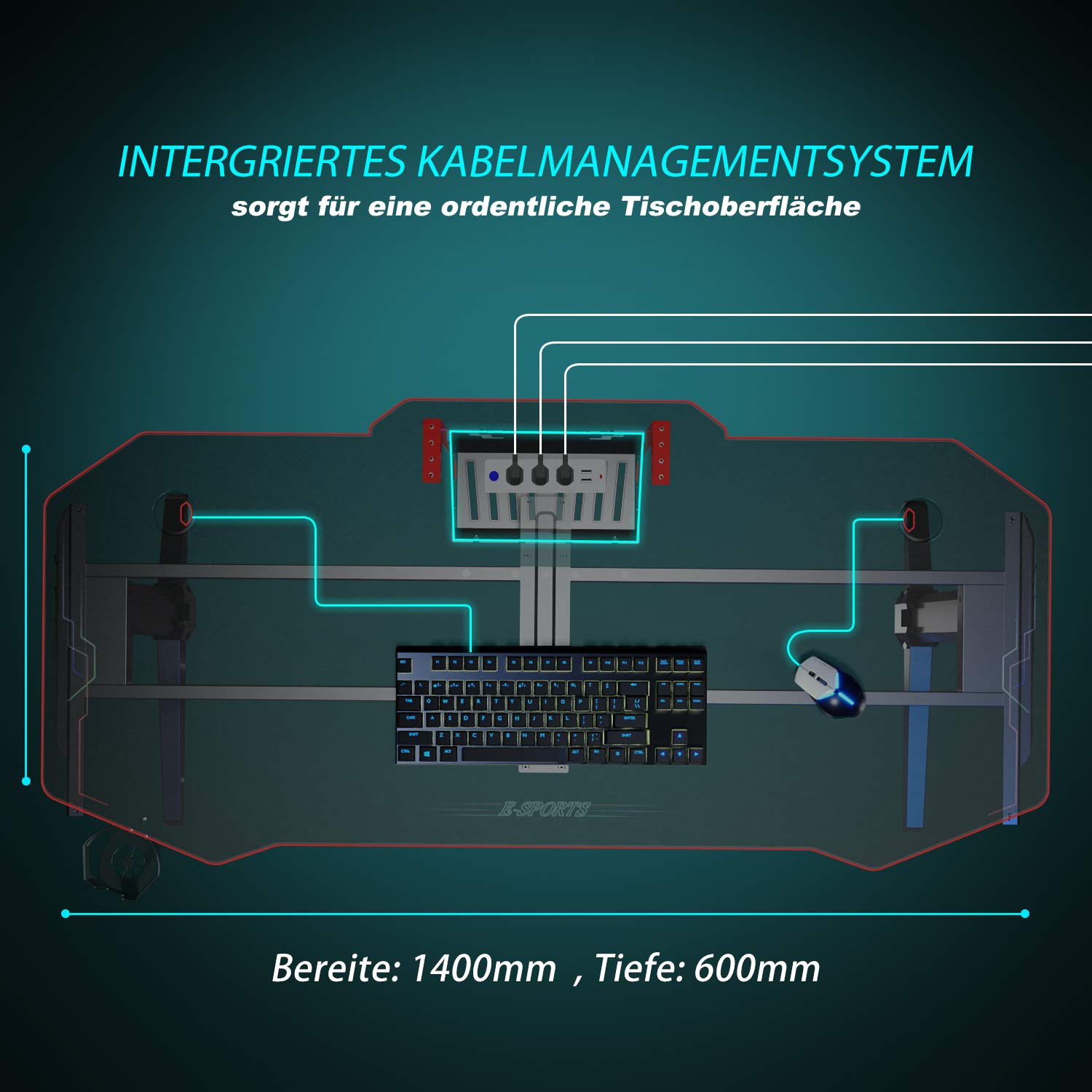 SONNI Gaming Tisch mit LED,140cm großer Oberfläche/PC Tisch/Gaming Desk,2-3 Monitore aufstellbar mit Mausunterlage,Getränkehalterung und Kopfhörerhaken