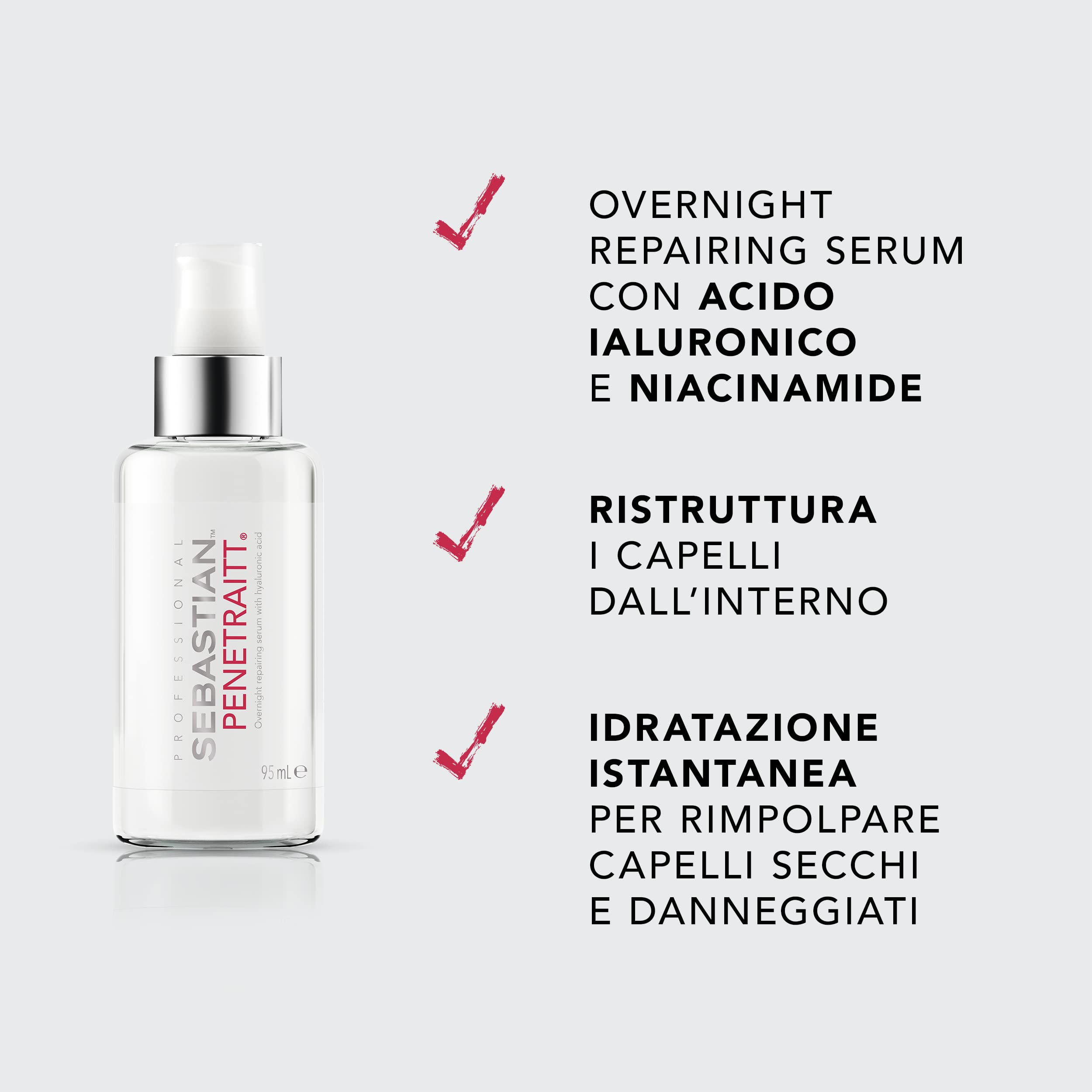 Sebastian Professional Penetraitt Serum, Siero Riparatore Notte con Acido Ialuronico, Ristruttura i capelli dall'interno, Idratazione Istantanea per Rimpolpare Capelli Secchi e Danneggiati, 95ml