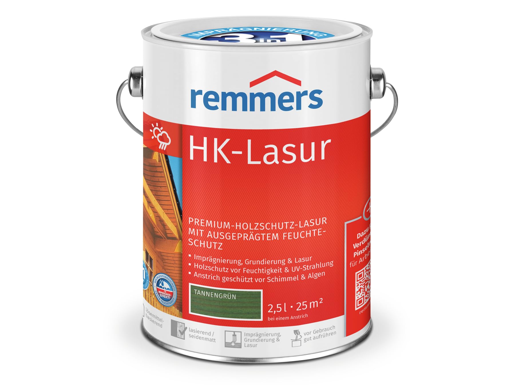 Remmers HK-Lasur 3in1 tannengrün, 2,5 Liter, Holzlasur aussen, 3facher Holzschutz mit Imprägnierung + Grundierung + Lasur, Feuchtigkeit- und UV-Schutz