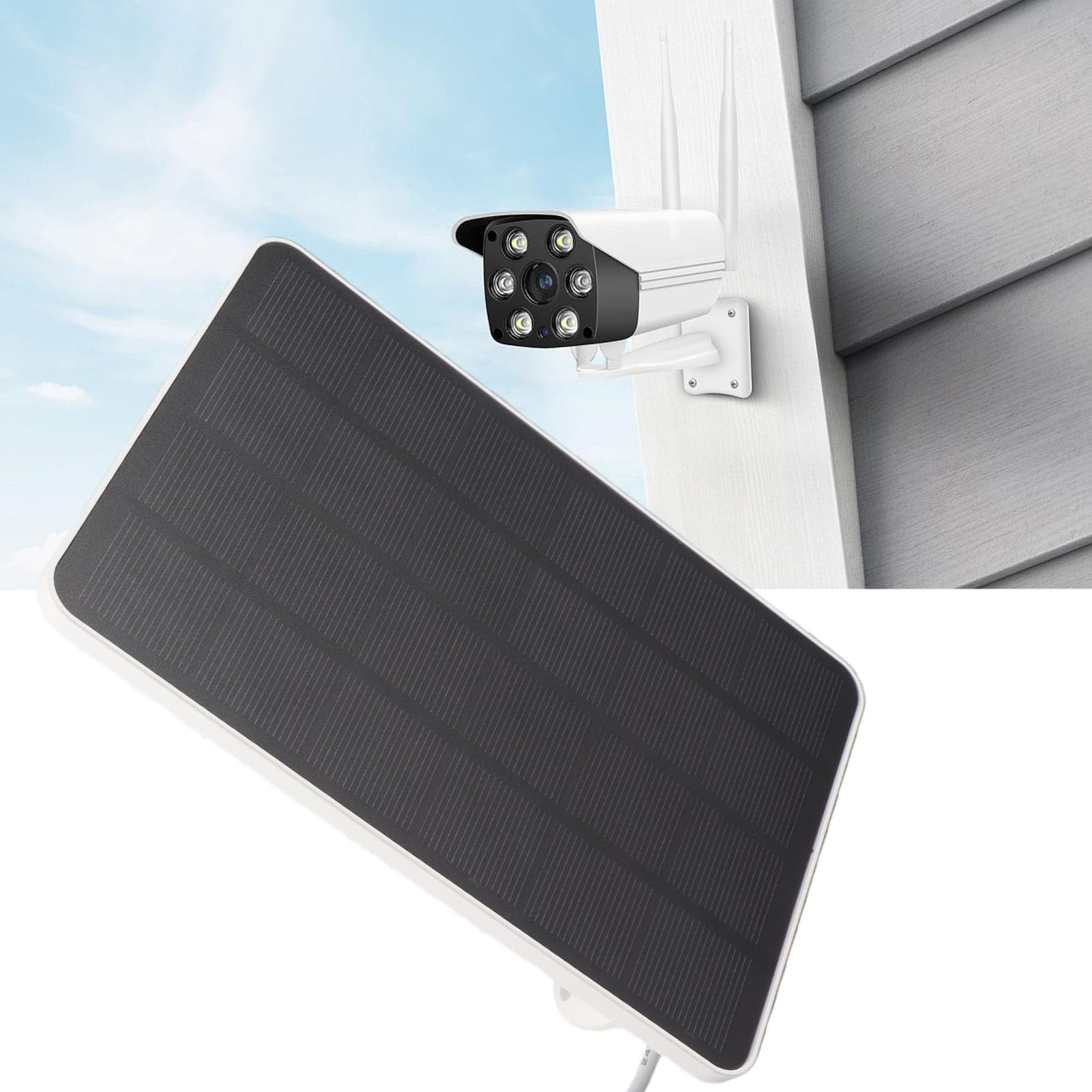 Wakects Solarpanel für Kamera 4W 5V USB C Micro USB, Monokristallin IP65 Wasserdicht, 9.84ft Kabel 360 Grad Verstellbare Halterung für Überwachungskamera (WHITE)