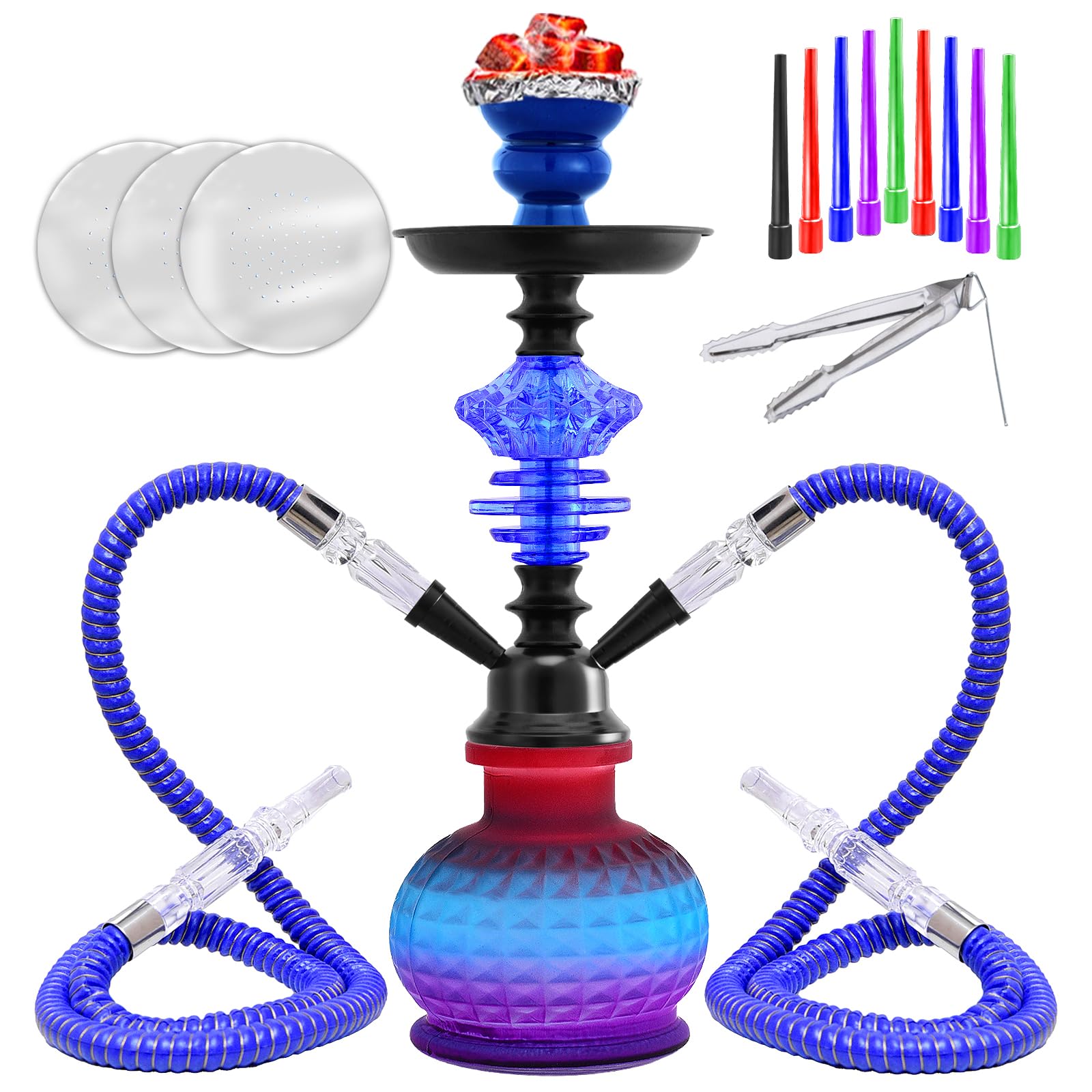 14 Premium 2-Hose Hookah Set - Complete Portable Kit with Case 20 Tips 50 Foils Stainless Steel Glass