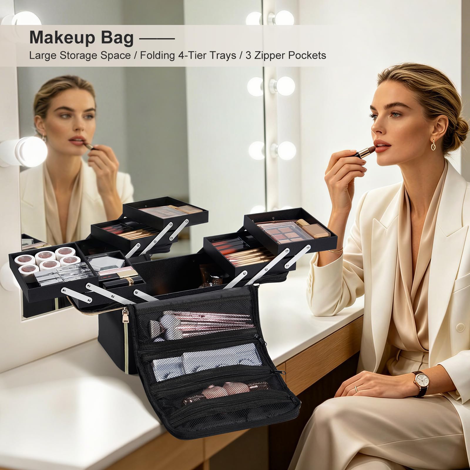 Joligrace Trousse per trucchi e cosmetici, organizer per smalti con tracolla, Oro e nero.