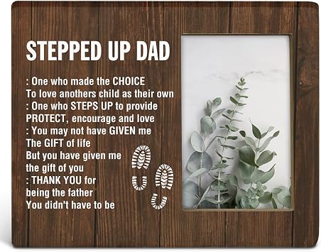 TSUYAWU Stepped up Dad Gift, Stepdad Gift, Rustic Stepped up Dad Wood Picture Frame 8 x 10 Inch Tabletop and Wall Mounting Display Photo 4 x 6 Inch